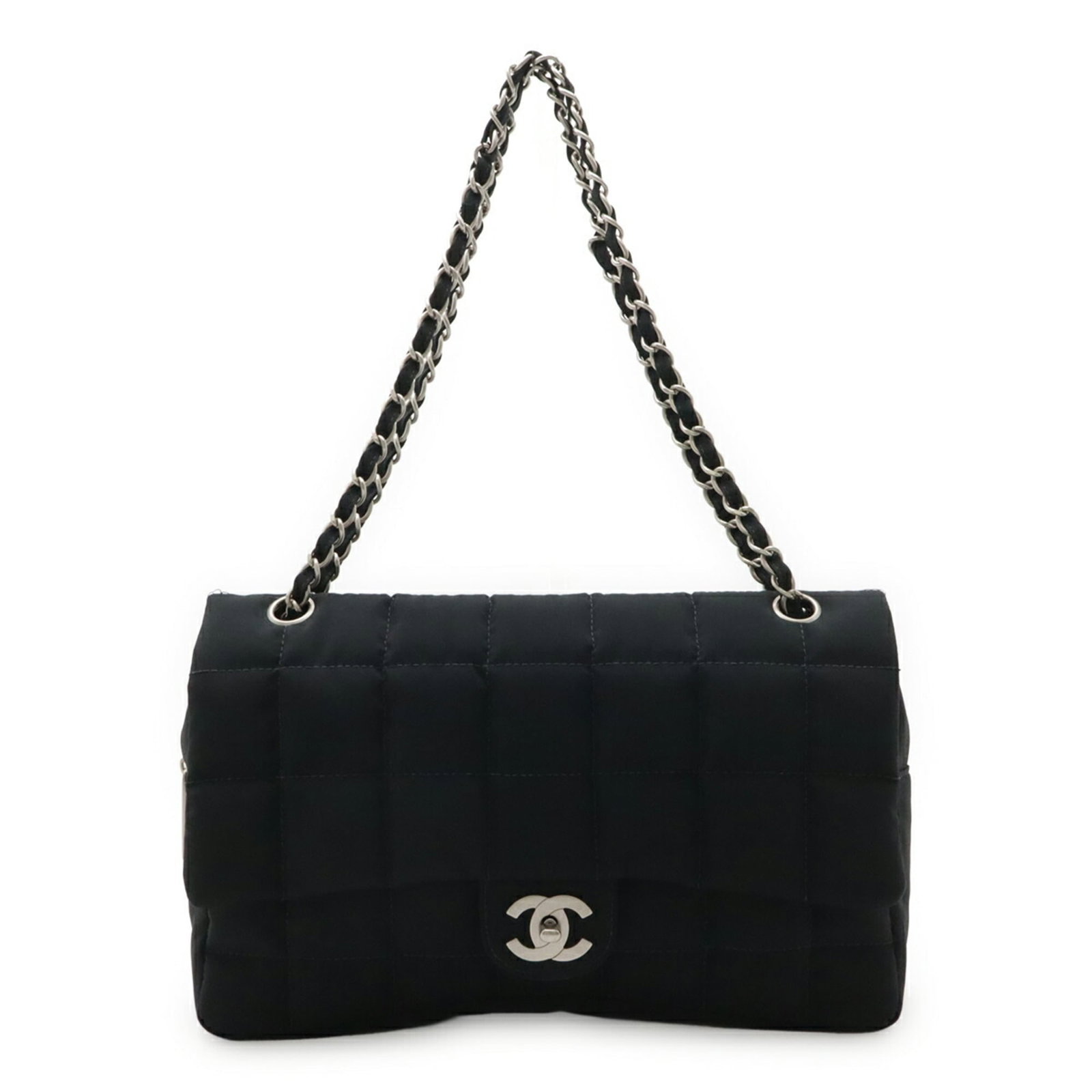 Nylon Chanel Bag Shoulder: Nylon Chanel Bag Shoulder Nylon Chanel Bag Shoulder features a sleek black design, crafted from high-quality nylon material. Measuring 20cm x 29cm x 6cm, it offers a stylish and compact shoulder bag s