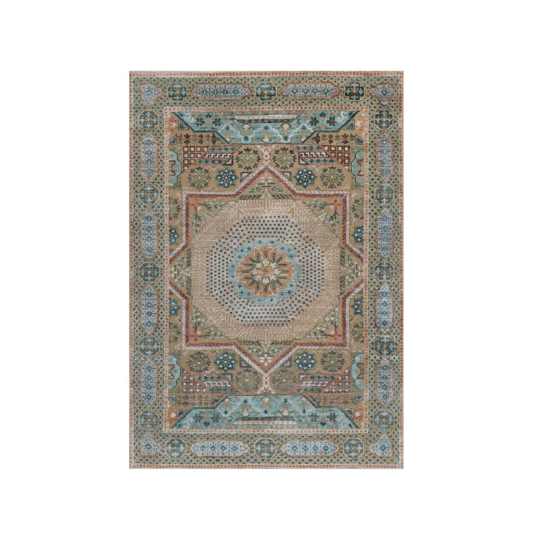 4'1"x6' Khaki Brown Wool and Silk Rug Mamluk Design Hand Knotted Oriental: 4'1"x6' Khaki Brown Wool and Silk Rug Mamluk Design Hand Knotted Oriental Hand-knotted in wool and silk, this stunning Mamluk design rug boasts intricate medallion patterns in rich brown hues. Measuri