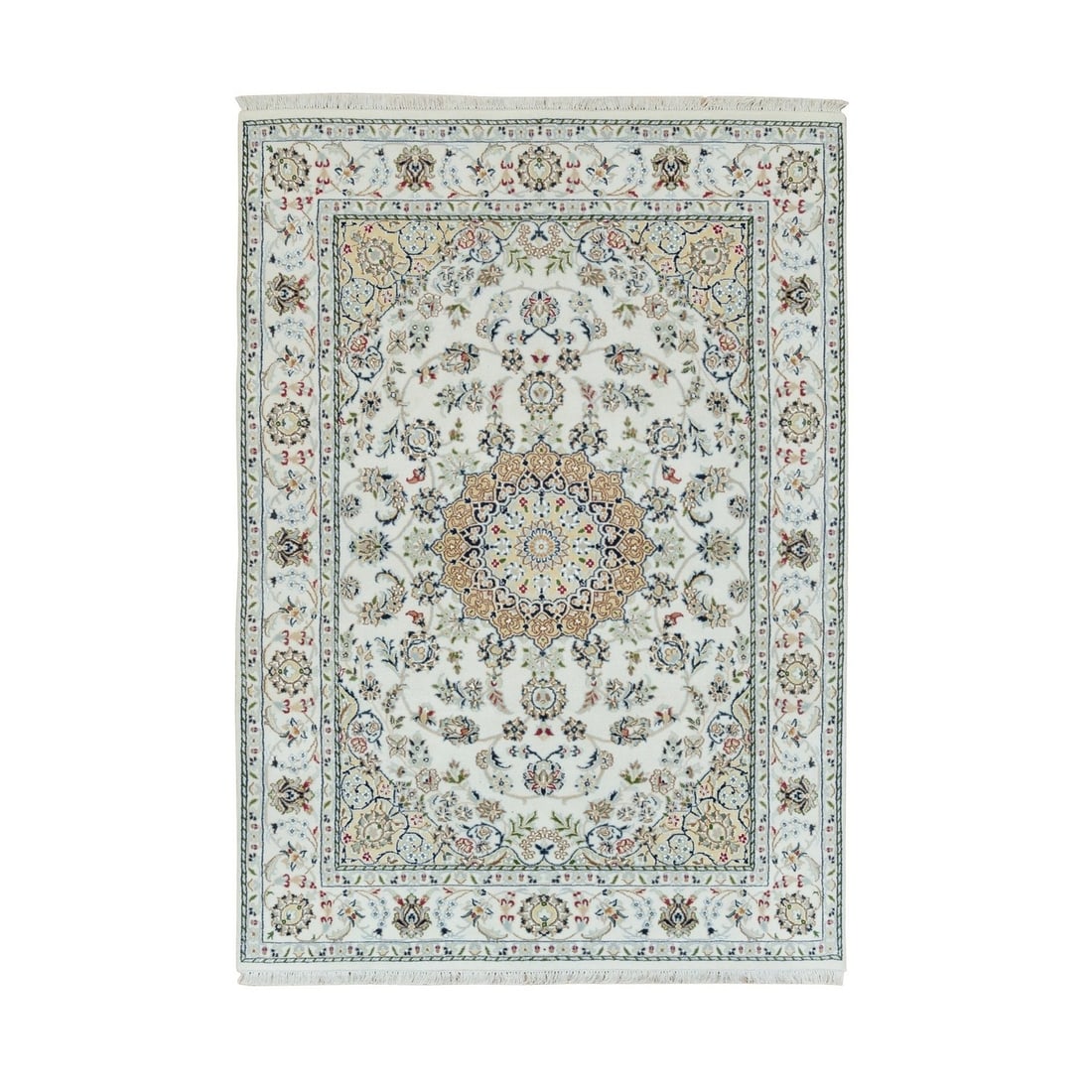 4'7"x6'8" Powder White Nain Design 250 KPSI 100% Wool Hand Knotted Rug: 4'7"x6'8" Powder White Nain Design 250 KPSI 100% Wool Hand Knotted Rug Powder white Nain design hand knotted wool rug, measuring 4'7" x 6'8", boasts an elegant ivory color and intricate oriental patte