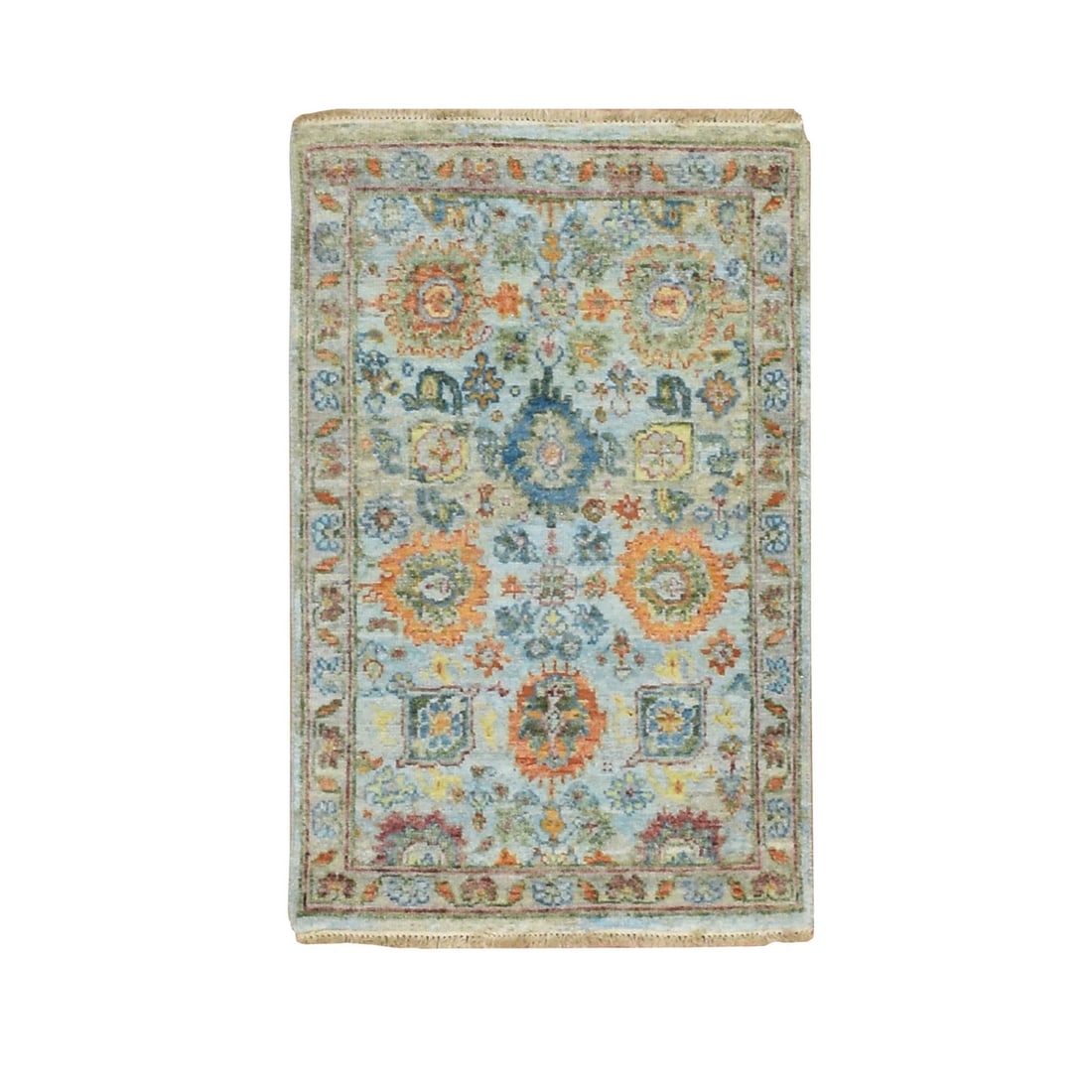 Baby Blue Hand Knotted Pure Wool Reimagined Sultanabad Rug Sample: Baby Blue Hand Knotted Pure Wool Reimagined Sultanabad Rug Sample Hand-knotted in pure wool, this stunning Baby Blue Sultanabad rug sample boasts an all-over regional design with intricate patterns an