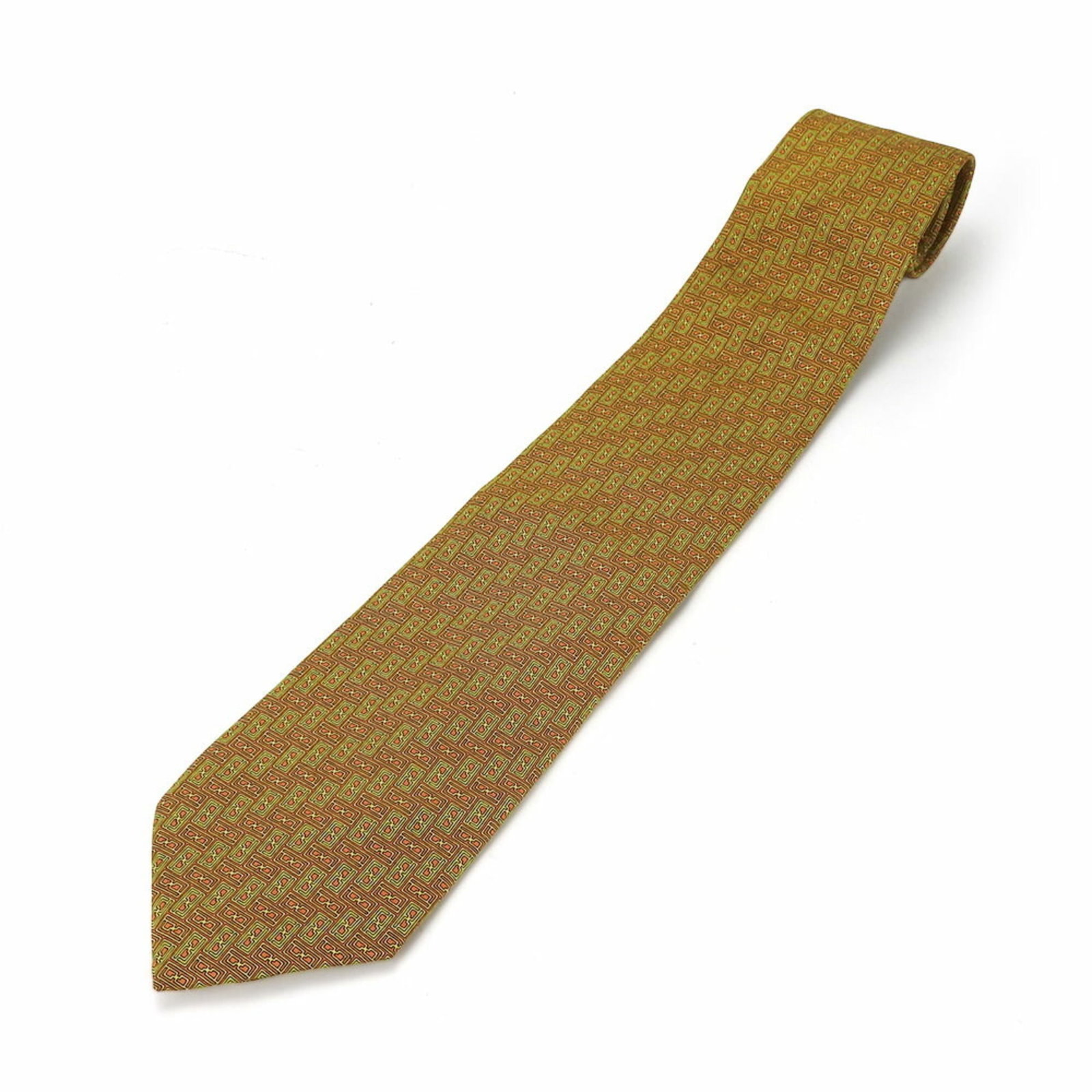 Cravat Silk by Fendi: Cravat Silk by Fendi Silk cravat by Fendi, measuring 145.5cm in length and 9.5cm in width, features a distinctive brown, green, and orange color palette. Made from high-quality silk material, this for