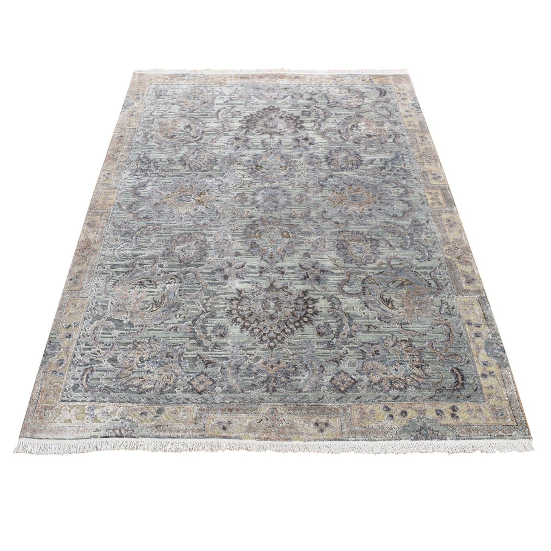 4'1"x6'2" Laurel Green Mughal Design Silk with Wool Hand Knotted Rug: 4'1"x6'2" Laurel Green Mughal Design Silk with Wool Hand Knotted Rug The Laurel Green Mughal Design Silk with Wool Hand Knotted Rug boasts an impressive rectangular field with intricate details, measu