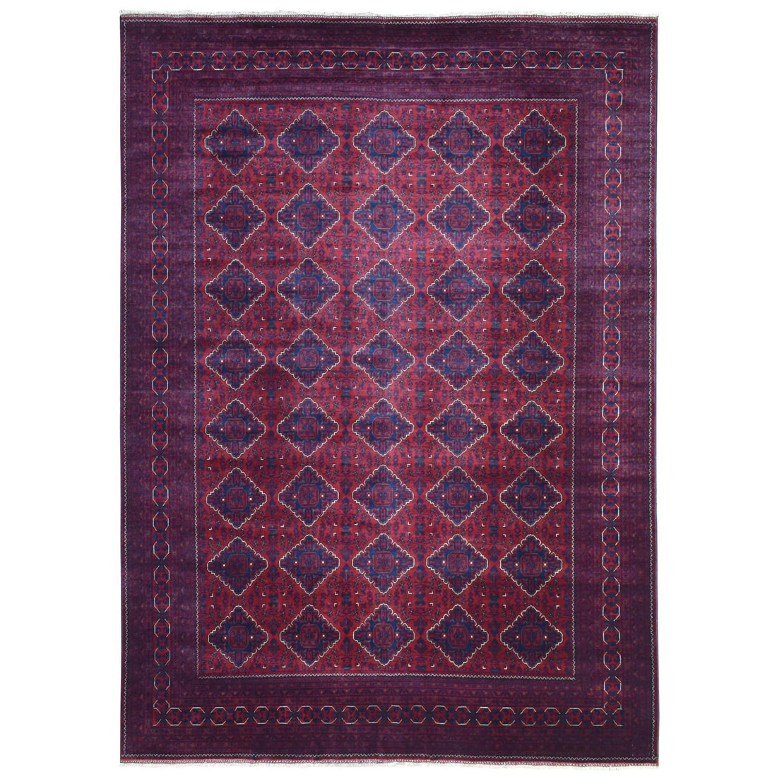 9'8"x13' Red Hand Knotted Tribal Design Shiny Wool Afghan Khamyab Rug (1 of 12)