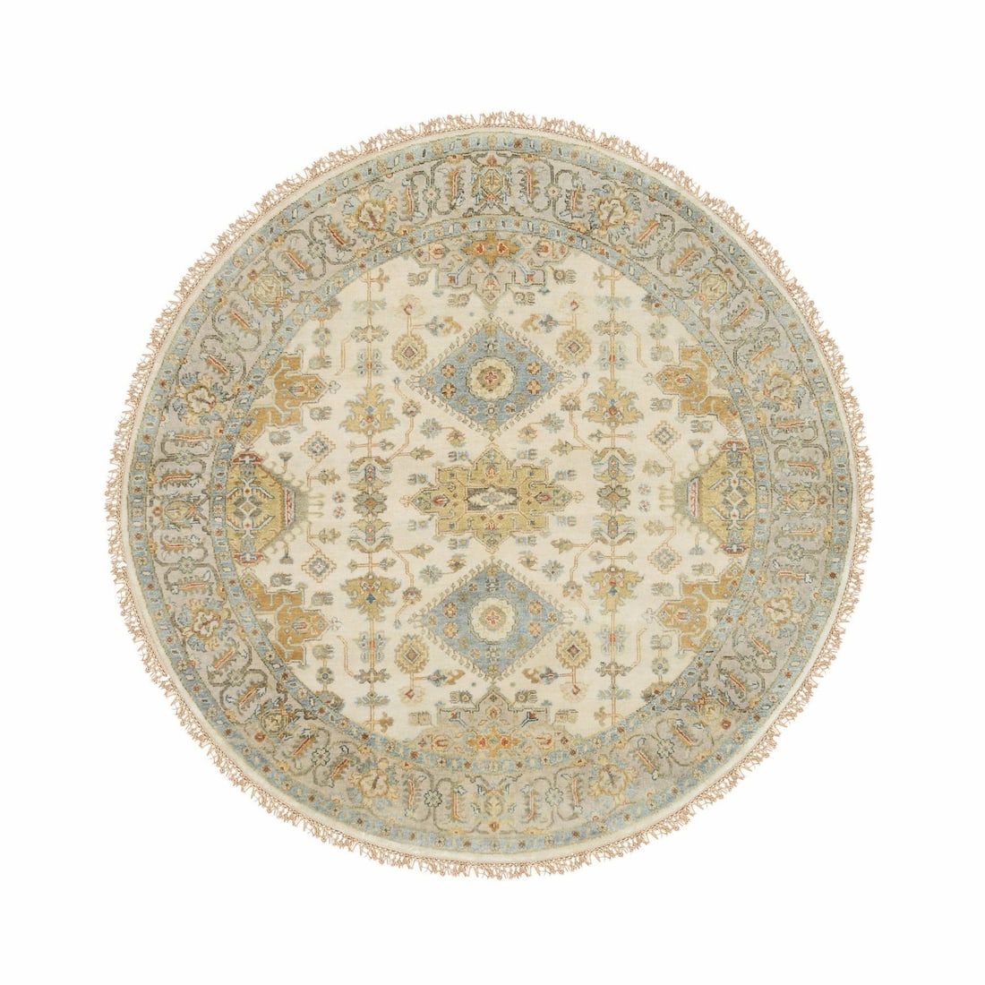 6'1"x6'1" Hand Knotted Ivory Karajeh Design Pure Wool Round Rug: 6'1"x6'1" Hand Knotted Ivory Karajeh Design Pure Wool Round Rug This stunning 6'1"x6'1" hand-knotted ivory Karajeh design pure wool round rug boasts intricate details and a timeless elegance. Made fro
