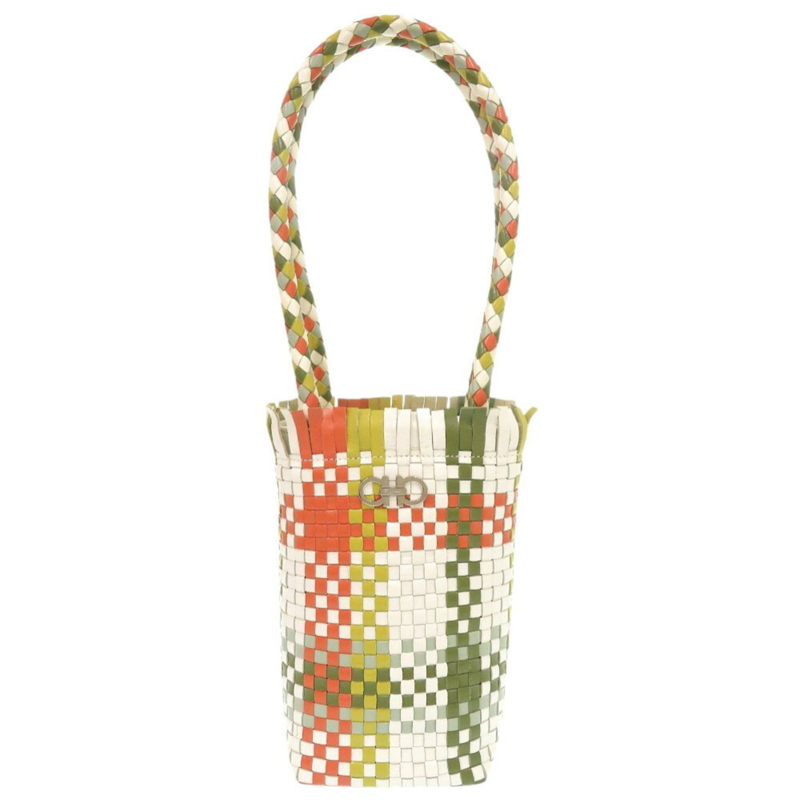 Handbag Leather Salvatore Ferragamo: Handbag Leather Salvatore Ferragamo The Salvatore Ferragamo handbag boasts a striking green, orange, and white leather design. Measuring 21cm x 11cm x 7cm, it offers a compact yet stylish silhouette. 