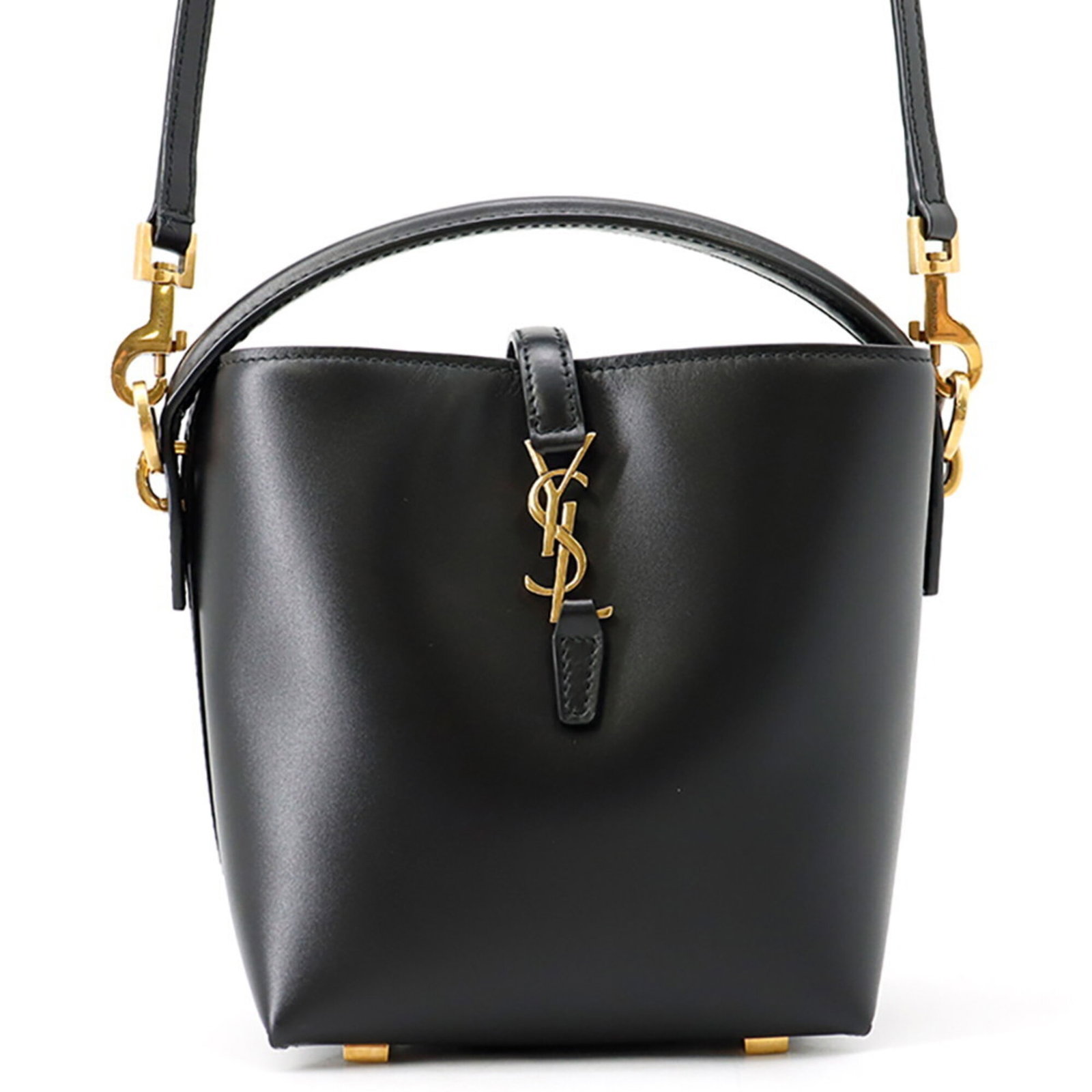 Saint Laurent Yves Handbag Leather: Saint Laurent Yves Handbag Leather Black leather handbag with gold hardware, measuring 15cm x 13cm x 8cm. This Italian-made Yves Saint Laurent design showcases sleek lines and a classic silhouette. A 