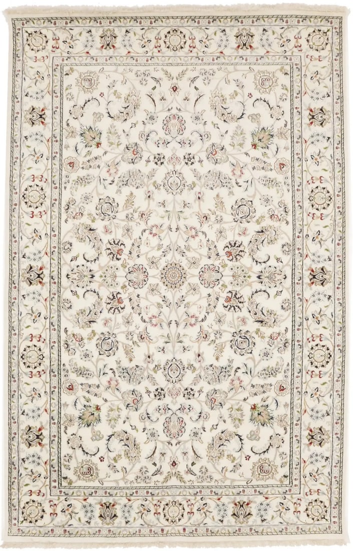 6X9 Large Handmade Classic Floral Indo-Nain Rug Wool Oriental Decor Carpet Hand-Knotted: 6X9 Large Handmade Classic Floral Indo-Nain Rug Wool Oriental Decor Carpet Hand-Knotted Hand-knotted in wool and silk, this 6x9 large handmade classic floral Indo-Nain rug boasts an intricate floral p