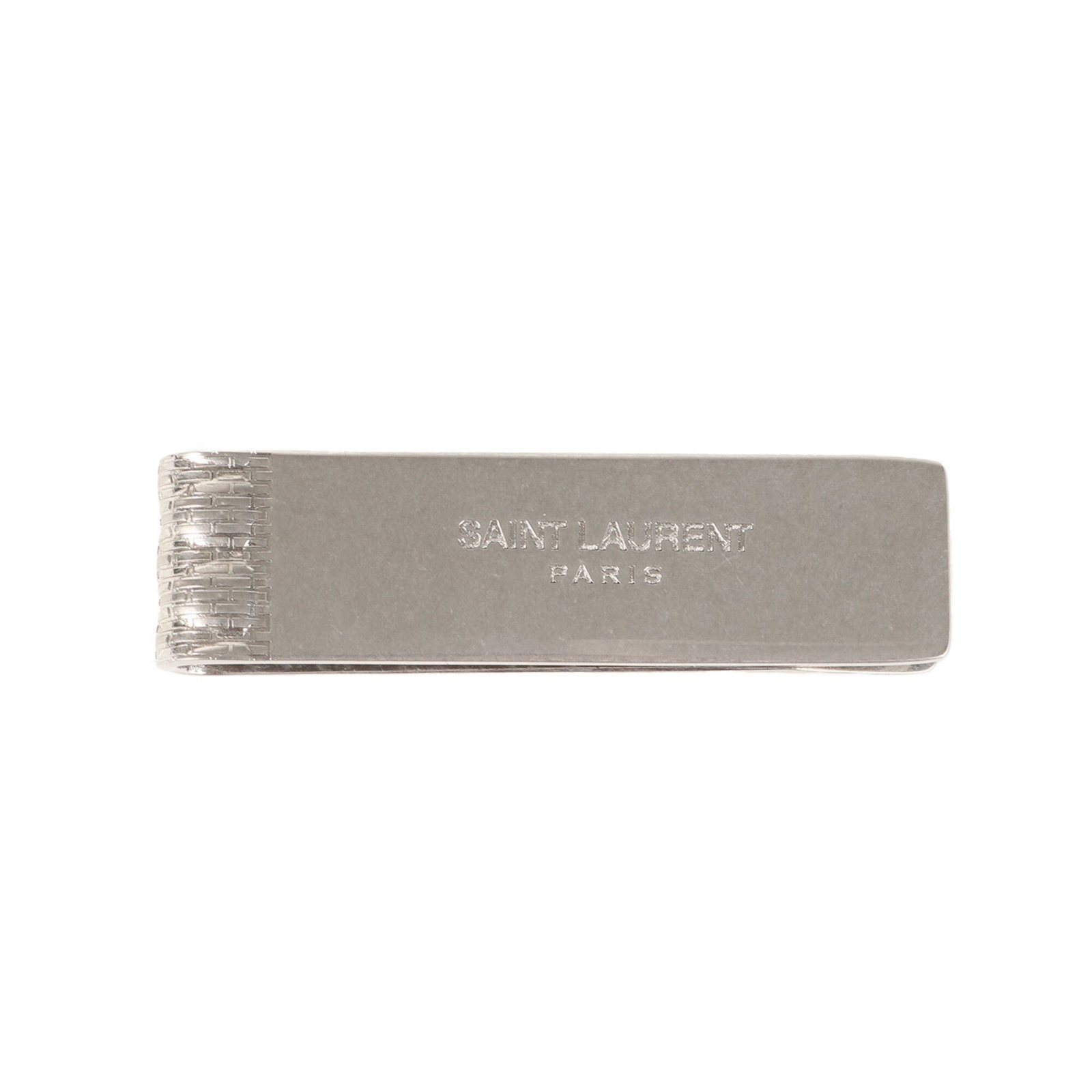 Saint Laurent Yves Money Clip Metal: Saint Laurent Yves Money Clip Metal Silver Metal Money Clip from Yves Saint Laurent, measuring 1.5cm x 6cm in size. This sleek metal money clip bears the signature of its creator and features a classi