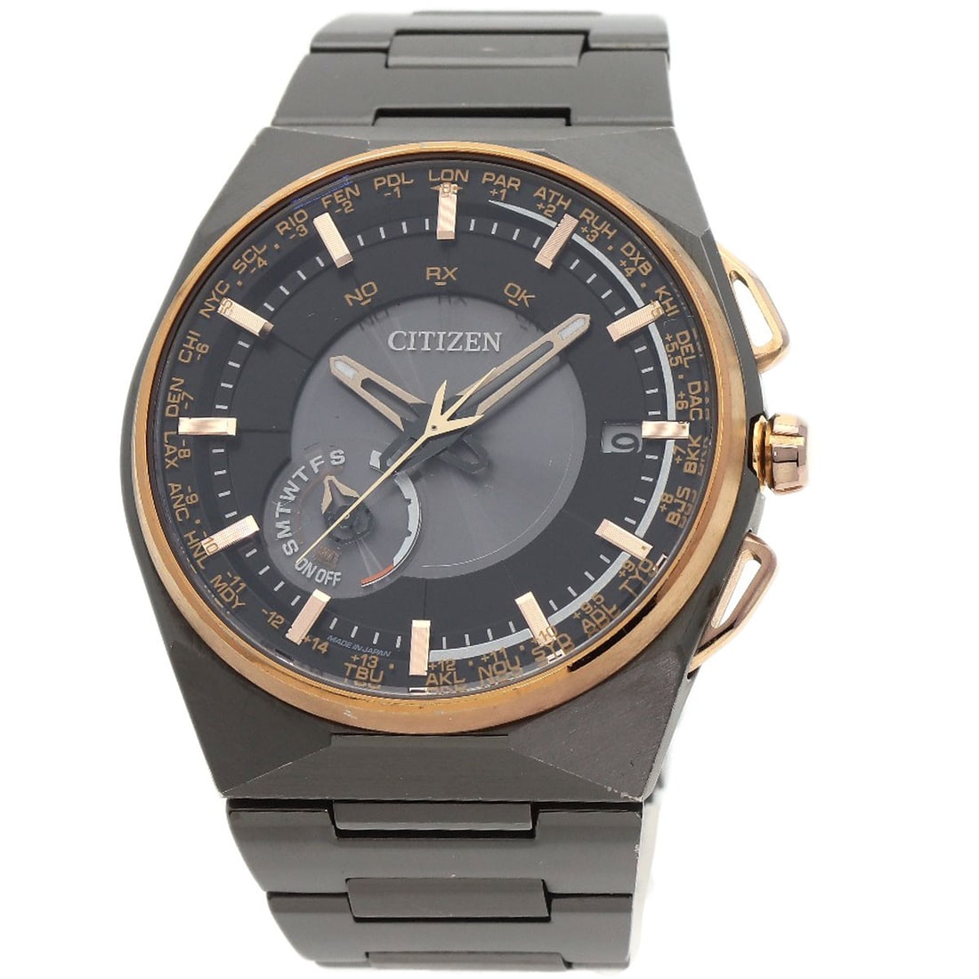 Drive Citizen Wave Watches Satellite Eco F100 T021425 Cc2004 59E: Drive Citizen Wave Watches Satellite Eco F100 T021425 Cc2004 59E Titanium case with gold accents, featuring a black dial and gold bezel. This solar-powered watch boasts a chronograph movement and wate