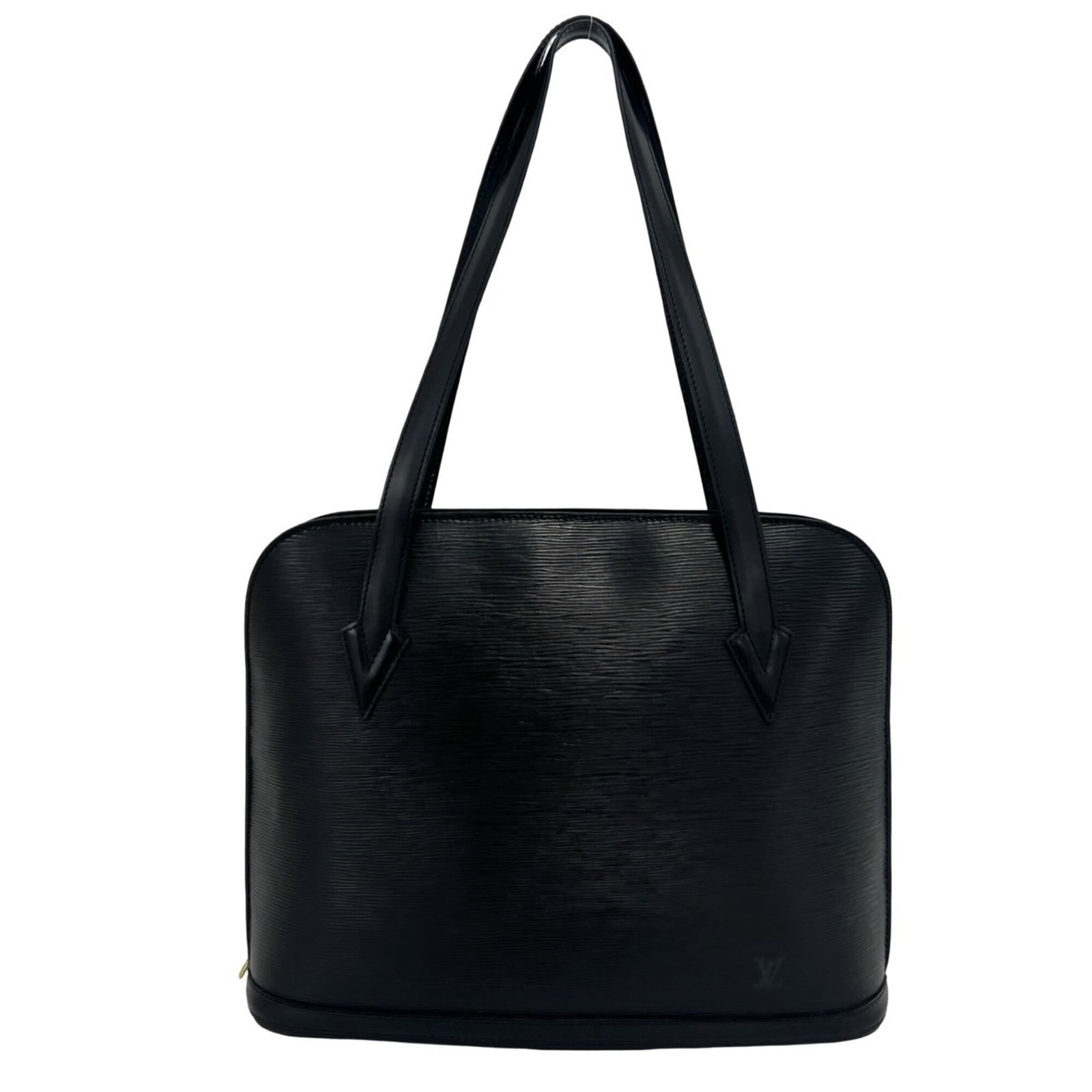 Louis Vuitton Shoulder Bag Tote Bag Leather: Louis Vuitton Shoulder Bag Tote Bag Leather Black Leather Louis Vuitton Shoulder Bag Tote with Classic Design. This iconic tote bag features high-quality black leather and the distinctive monogram pat