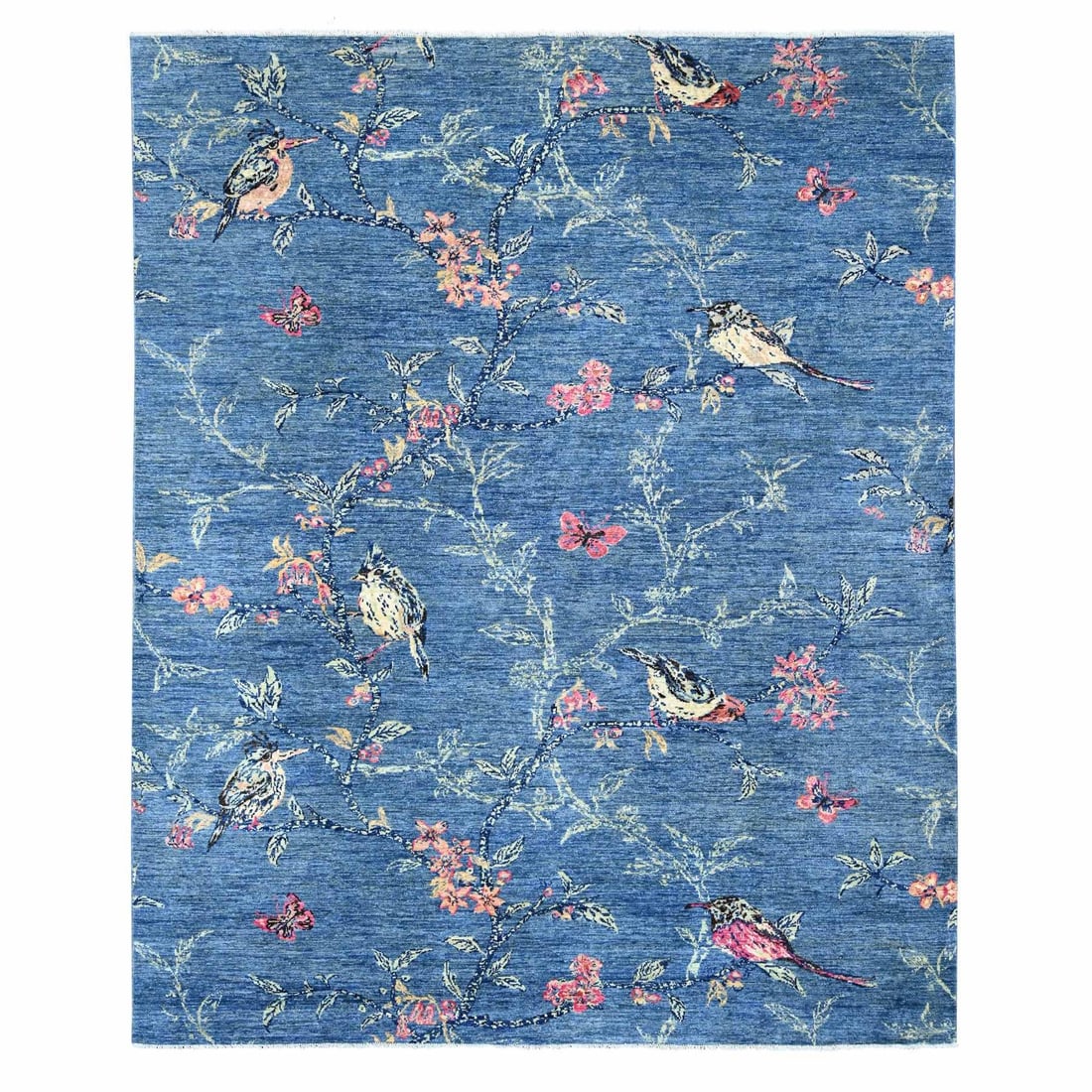 8'1"x9'9" Blue Sparrows on the Tree Peshawar Soft Wool Hand Knotted Rug: 8'1"x9'9" Blue Sparrows on the Tree Peshawar Soft Wool Hand Knotted Rug Blue Sparrows on the Tree Peshawar Soft Wool Hand Knotted Rug features an intricate animal print design in shades of blue, set a