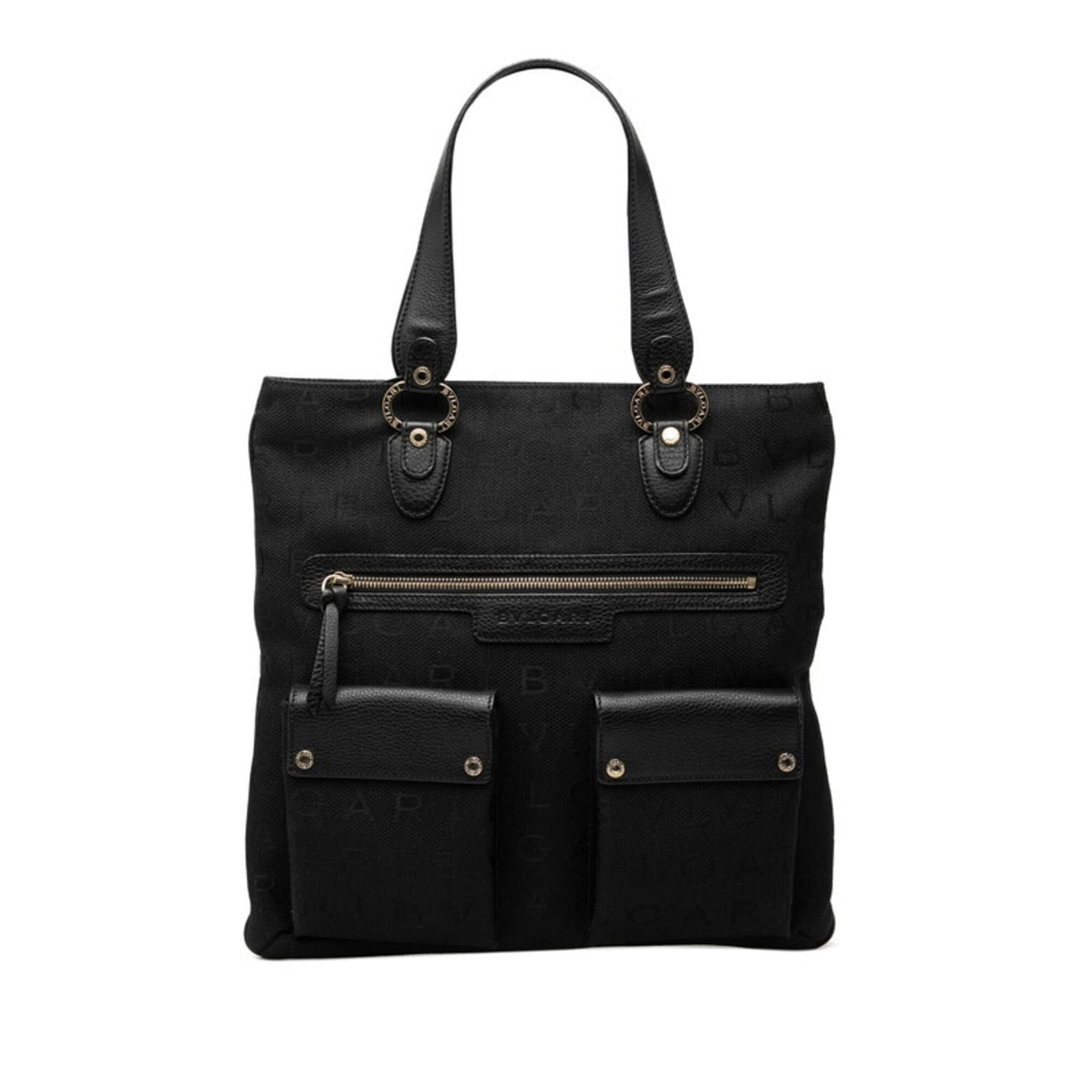 Canvas leather handbag tote bag: Canvas leather handbag tote bag Canvas leather handbag tote bag in black features canvas and leather construction, with a signature. The bag measures 36.5cm x 36.5cm x 1.5cm. Bvlgari brand details are