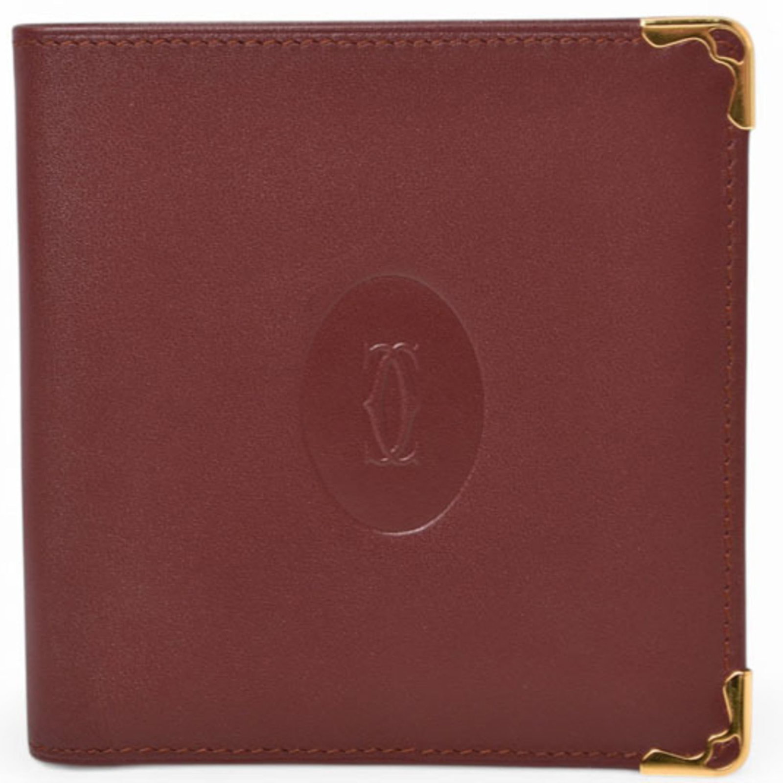 Cartier Wallet (Bi-Fold) Leather: Cartier Wallet (Bi-Fold) Leather Cartier's bi-fold leather wallet boasts classic elegance with its Bordeaux color and sleek design. Made from high-quality Italian leather, it measures 10cm x 10cm x