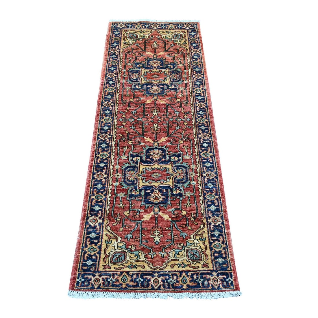 2'2"x6' Red Heris Revival Medallions Design Hand Knotted Wool Runner Rug: 2'2"x6' Red Heris Revival Medallions Design Hand Knotted Wool Runner Rug Hand-knotted in wool, this vibrant red Heris Revival Medallions design rug boasts an impressive 72" length and 26" width. Made 