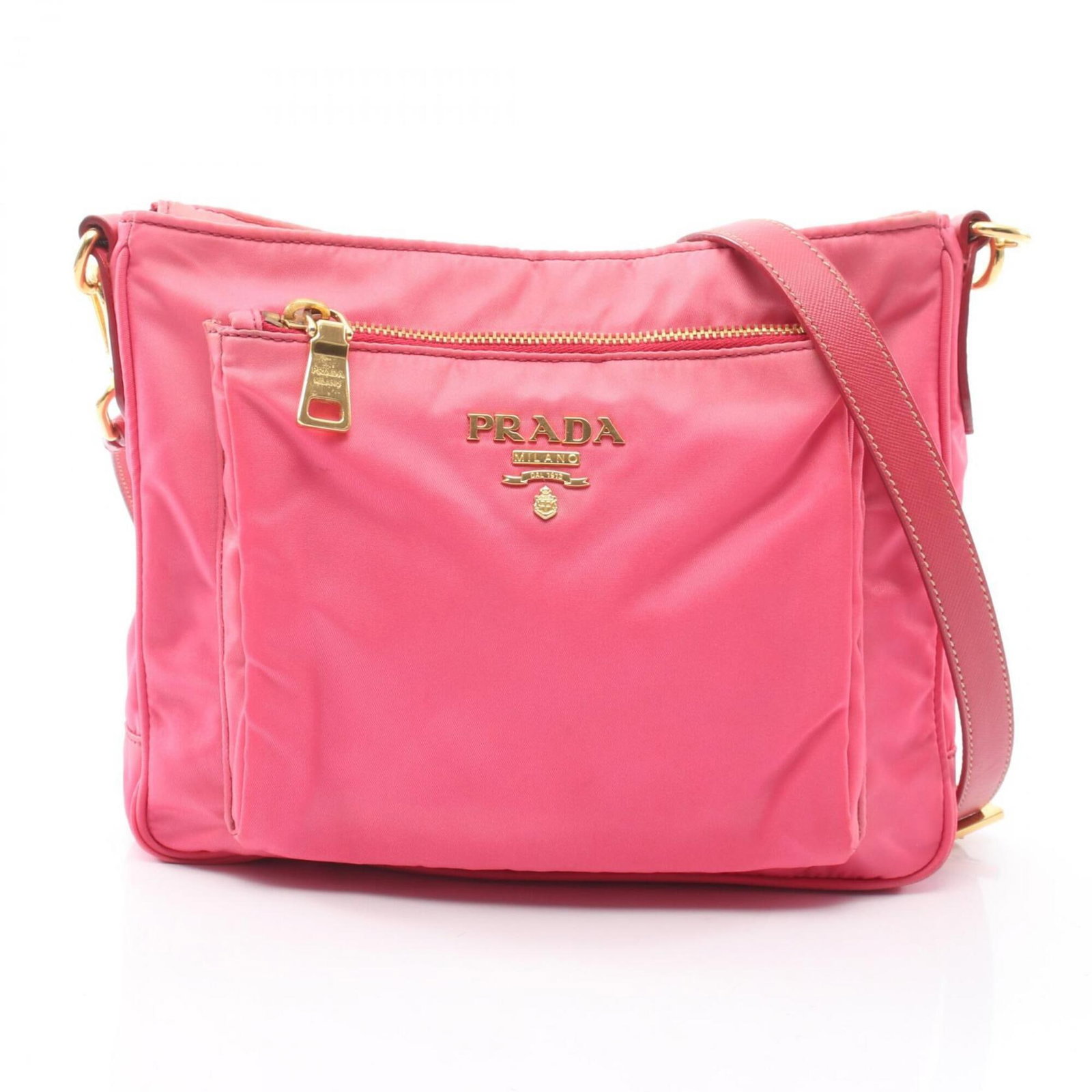 Handbag Nylon Leather Shoulder Bag Prada: Handbag Nylon Leather Shoulder Bag Prada Saffiano leather, a signature material from Prada, adorns the exterior of this pink shoulder bag. The nylon and leather combination provides a durable and vers