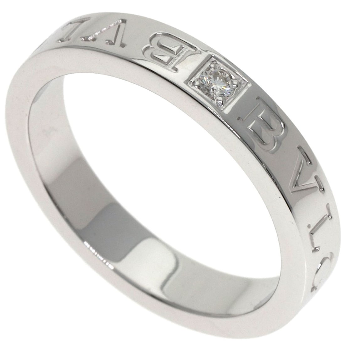Double Logo Diamond K18 White Gold Bvlgari Ring: Double Logo Diamond K18 White Gold Bvlgari Ring K18 White Gold Bvlgari Ring with Double Logo, featuring a diamond main stone set in a luxurious silver metal exterior. The ring's purity and high-qualit