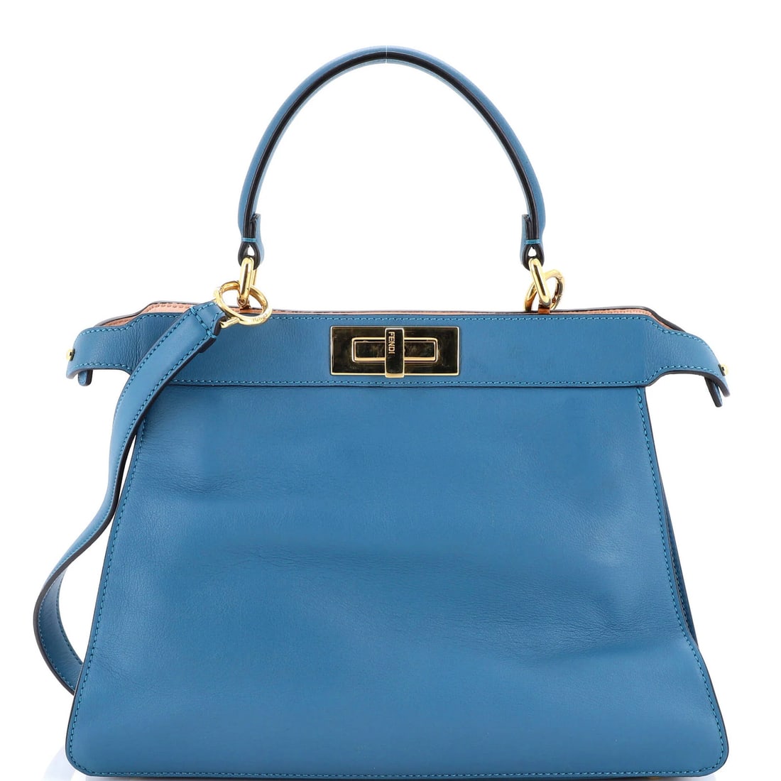 Peekaboo ISeeU Fendi Bag Leather Medium: Peekaboo ISeeU Fendi Bag Leather Medium Blue Fendi Peekaboo ISeeU Medium Leather Top Handle Bag with Gold Hardware, featuring a medium size and pink interior. The bag boasts a sleek design with minor 