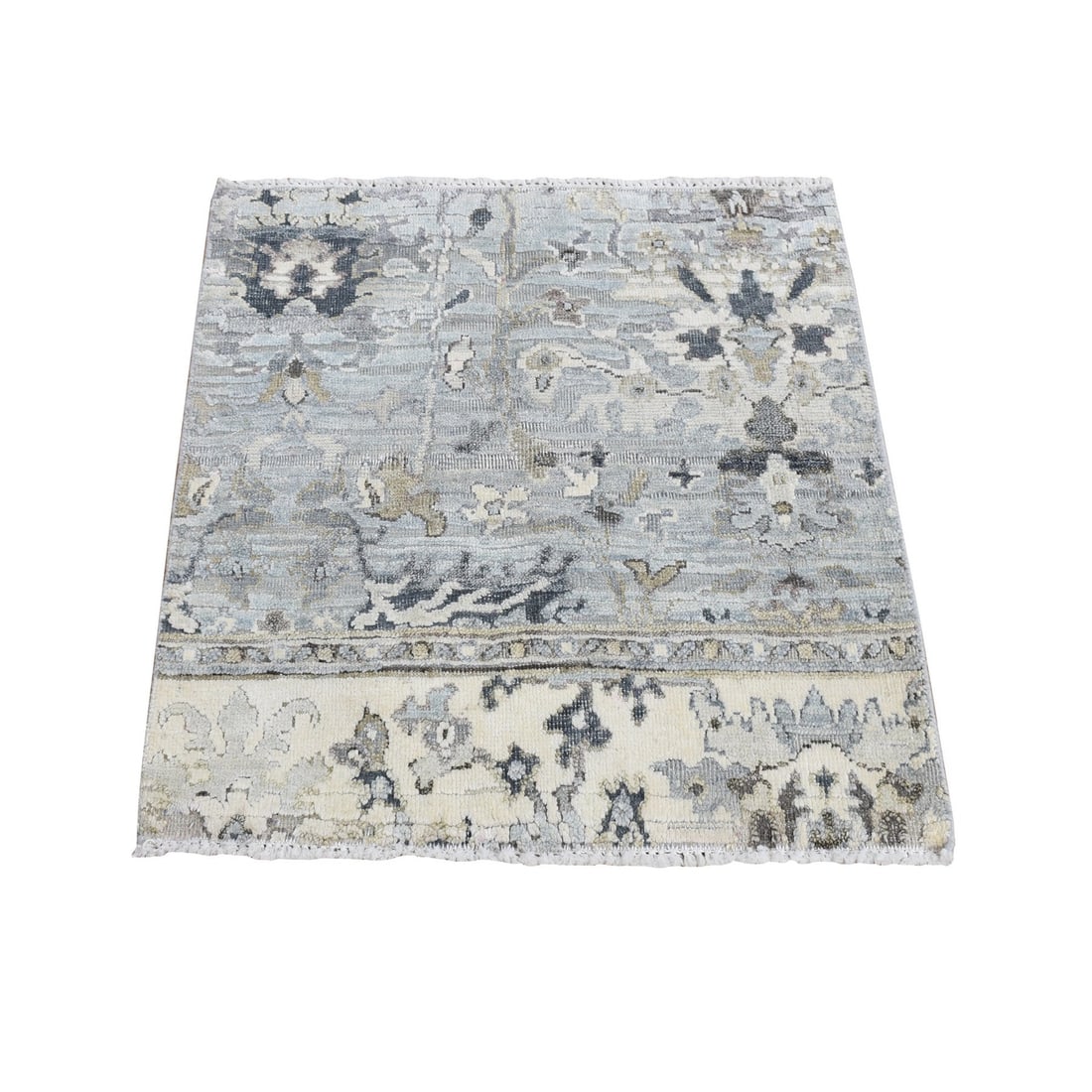 2'x2'1" Goose Gray Silk with Wool Oushak Design Hand Knotted Square Rug: 2'x2'1" Goose Gray Silk with Wool Oushak Design Hand Knotted Square Rug This beautiful, hand-knotted Oushak design rug boasts a stunning grey color and intricate details. Made from high-quality wool a