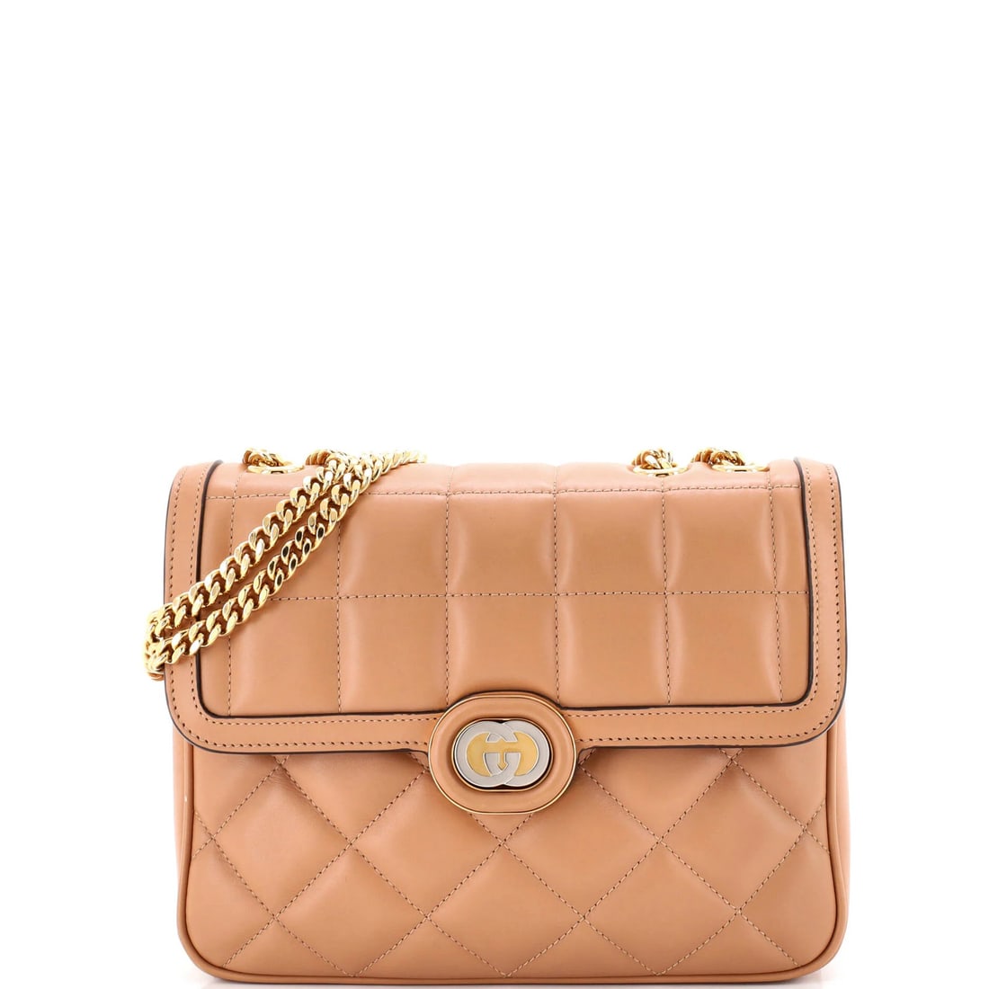 Gucci Deco Chain Flap Bag Mixed Matelasse Leather Small: Gucci Deco Chain Flap Bag Mixed Matelasse Leather Small This Gucci Deco Chain Flap Bag features mixed matelasse leather in neutral tones, with gold and silver hardware adding a touch of elegance. Meas