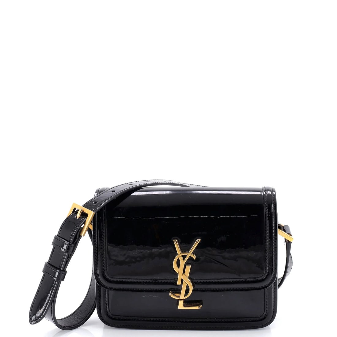 Saint Laurent solferino patent bag small: Saint Laurent solferino patent bag small Small Saint Laurent Solferino Patent Bag in Black. This patent leather cross body bag features aged gold hardware and measures 5.5" tall, 7.5" wide, and 2" dee