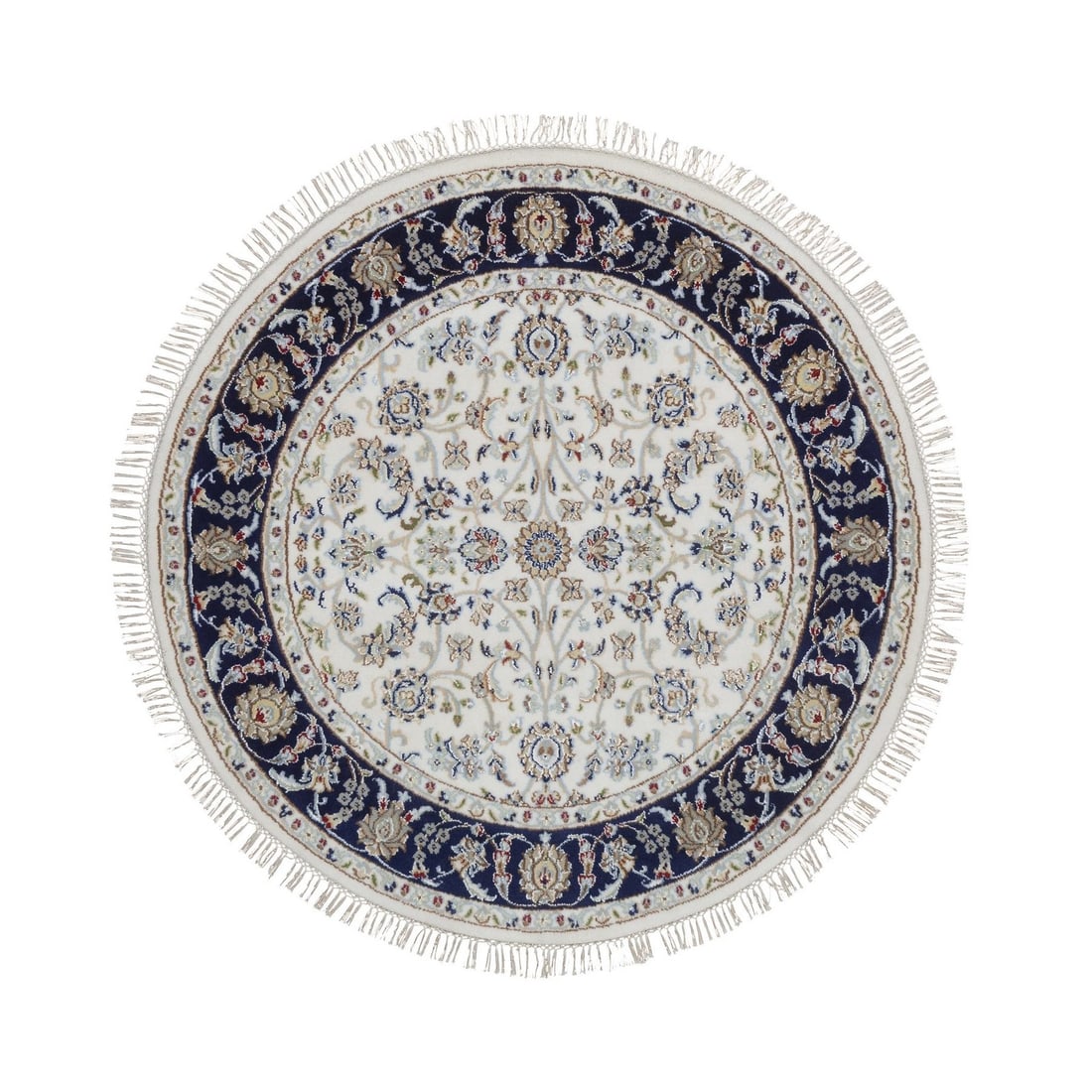 4'2"x4'2" Ivory Nain Floral Pattern Hand Knotted Wool & Silk Round Rug: 4'2"x4'2" Ivory Nain Floral Pattern Hand Knotted Wool & Silk Round Rug Hand-knotted wool and silk in an all-over Nain floral pattern, this 4'2"x4'2" round rug boasts a timeless ivory color and subtle 