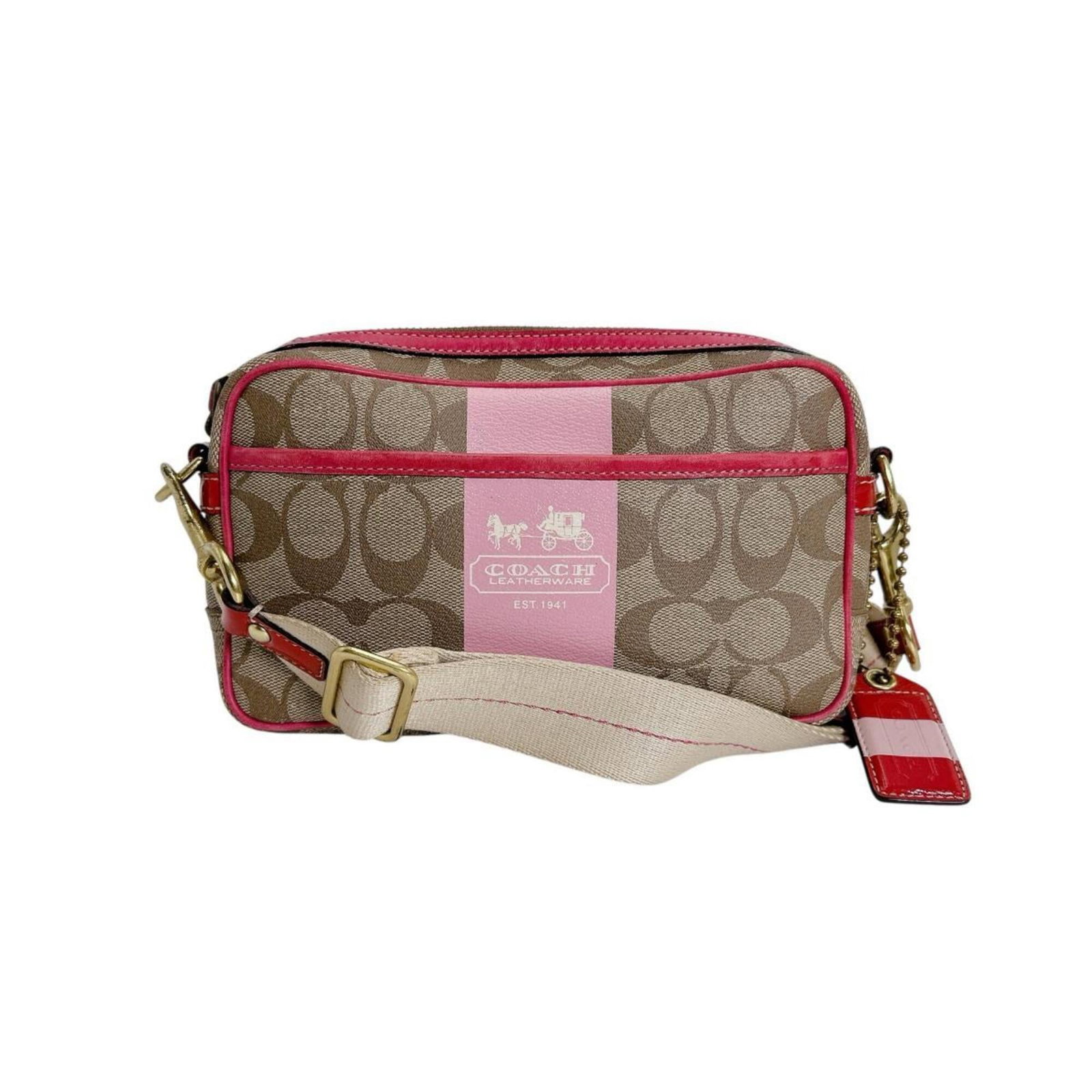 Sling shoulder bag leather coach: Sling shoulder bag leather coach Leather sling shoulder bag from Coach, made in China. This beige leather bag features a classic design with clean lines and a compact size, measuring 13cm x 22cm x 6cm