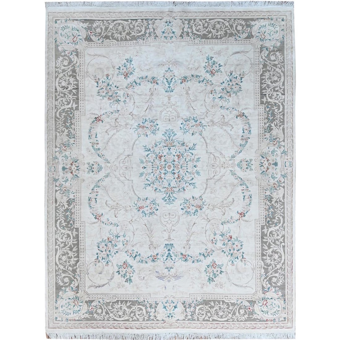 9'x11'9" White Aubusson Design Zoroastrian 300 KPSI Wool Hand Knotted Rug: 9'x11'9" White Aubusson Design Zoroastrian 300 KPSI Wool Hand Knotted Rug This stunning 9'x11'9" White Aubusson Design Zoroastrian wool hand-knotted rug boasts intricate geometric patterns and a rich 