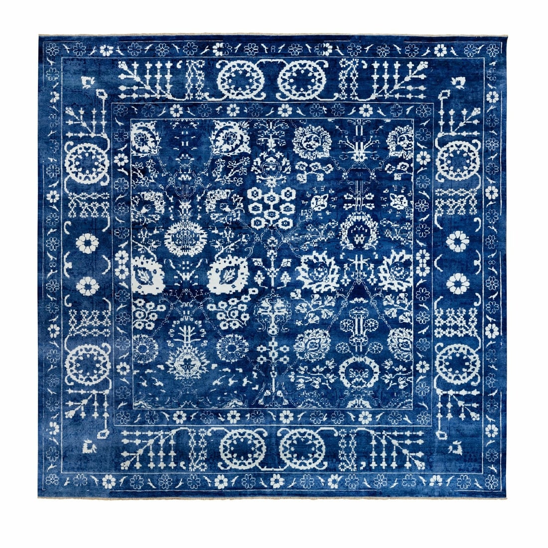 12'2"x12'2" Blue Tone On Tone Wool and Silk Square Hand Knotted Rug (1 of 12)