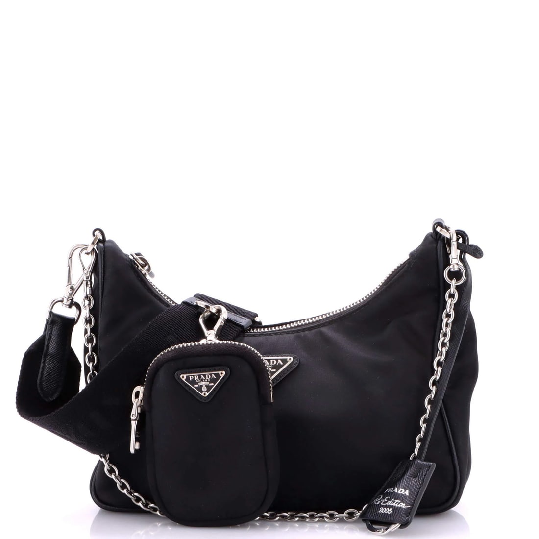 Re edition small tessuto shoulder bag prada 2005: Re edition small tessuto shoulder bag prada 2005 Small Re-Edition Prada Tessuto Shoulder Bag in Black Nylon, featuring an extra strap and pochette clochette for added convenience. Measuring 10.5" hand