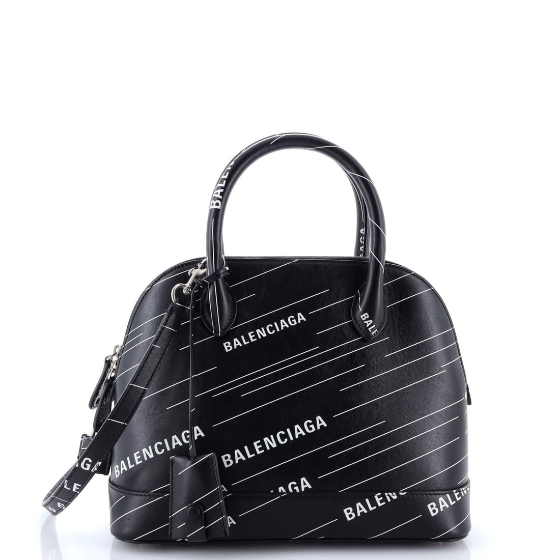 Balenciaga Logo Ville Bag Leather Small: Balenciaga Logo Ville Bag Leather Small Small Balenciaga Logo Ville Bag Leather in Black. This black leather satchel features scuffs, edge wear, and minor creases on the exterior, with cracking on the