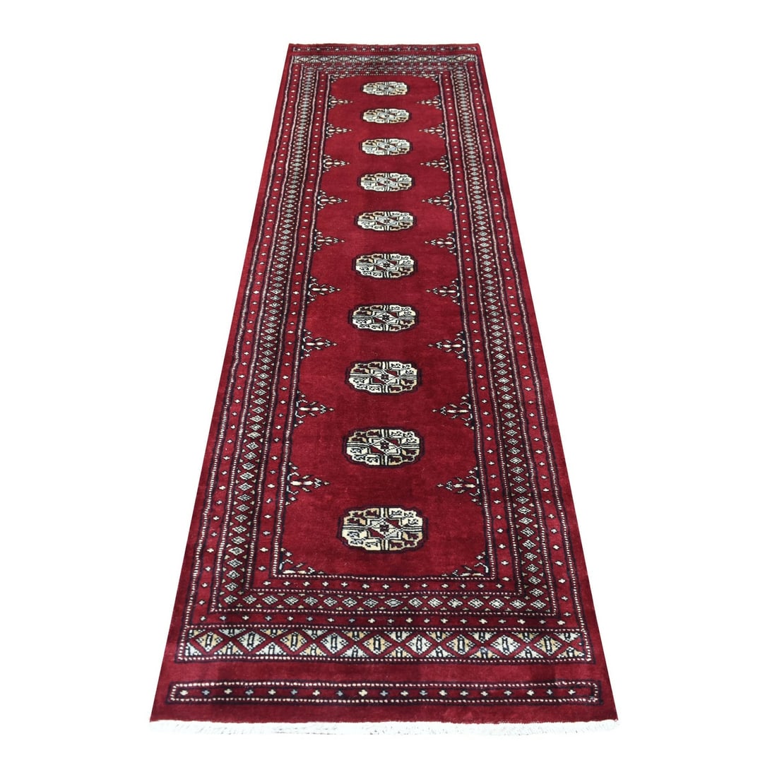 2'6"x9'1" Mori Bokara Deep and Rich Red Soft Wool Hand Knotted Runner Rug: 2'6"x9'1" Mori Bokara Deep and Rich Red Soft Wool Hand Knotted Runner Rug Deep red hues and soft wool texture come together in this stunning hand-knotted runner rug, measuring 2'6" x 9'1". Made from 1