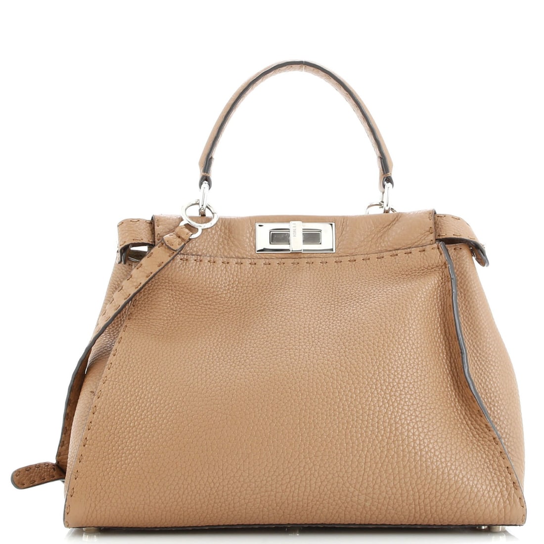 Rigid leather bag from Fendi Selleria Peekaboo: Rigid leather bag from Fendi Selleria Peekaboo The Fendi Selleria Peekaboo bag boasts a sturdy, rigid leather exterior in rich brown, complemented by neutral suede interior and silver hardware.