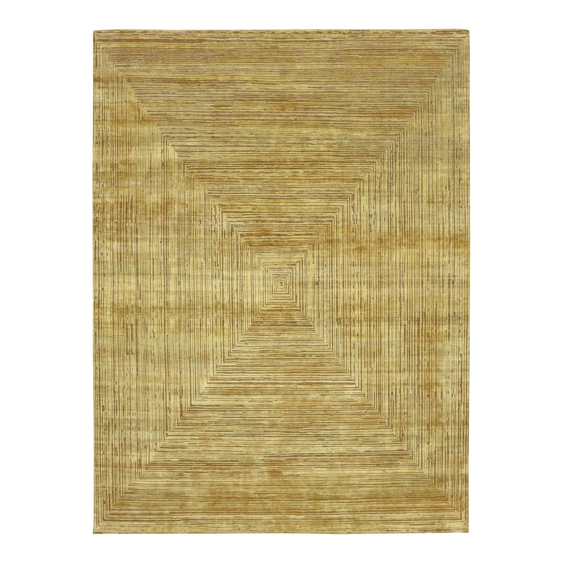 Hand Knotted Rug 9'x12' Brown Labyrinth Design Pure Silk & Oxidized Wool: Hand Knotted Rug 9'x12' Brown Labyrinth Design Pure Silk & Oxidized Wool Hand-knotted in pure silk and oxidized wool, this stunning 9'x12' brown labyrinth design rug boasts an intricate geometric patt
