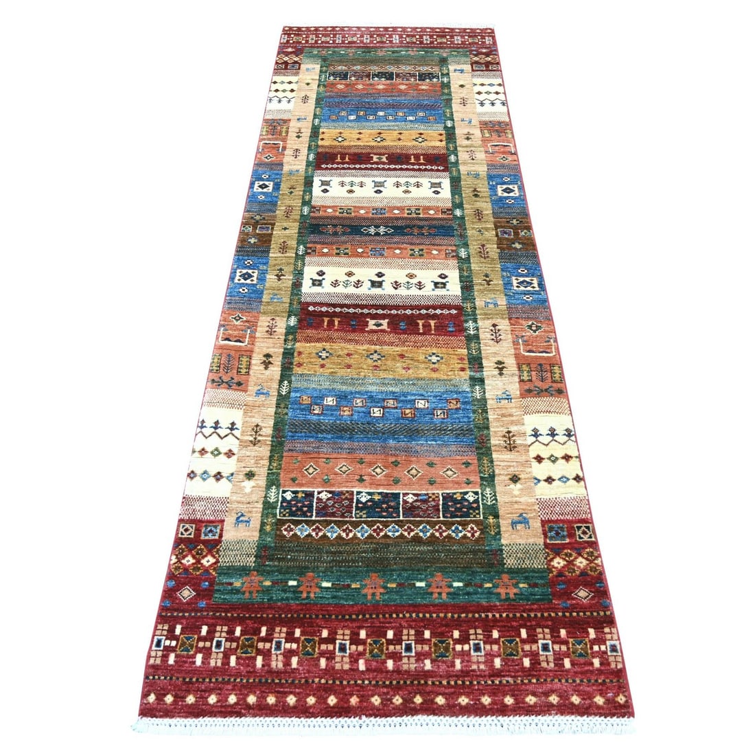2'9"x8'7" Colorful Kashkuli Animal Figurines Hand Knotted Wool Runner Rug: 2'9"x8'7" Colorful Kashkuli Animal Figurines Hand Knotted Wool Runner Rug Colorful Kashkuli Animal Figurines Hand Knotted Wool Runner Rug, measuring 2'9"x8'7" and made from hand-knotted wool, features