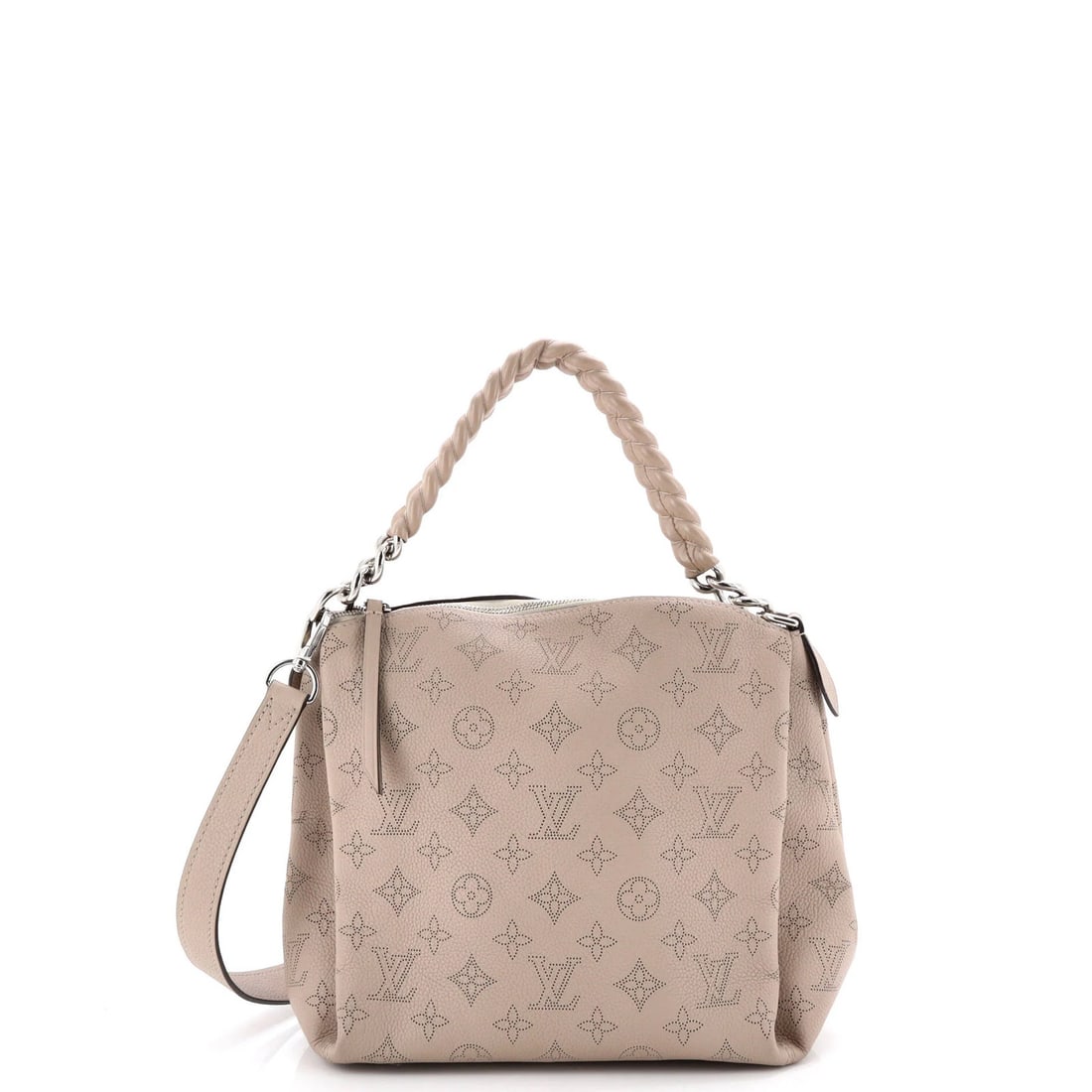 Babylone Handbag Leather Mahina Louis Vuitton: Babylone Handbag Leather Mahina Louis Vuitton The Babylone Handbag Mahina Leather Louis Vuitton features a timeless gray exterior with subtle wear, adding to its understated elegance. Made from high-q