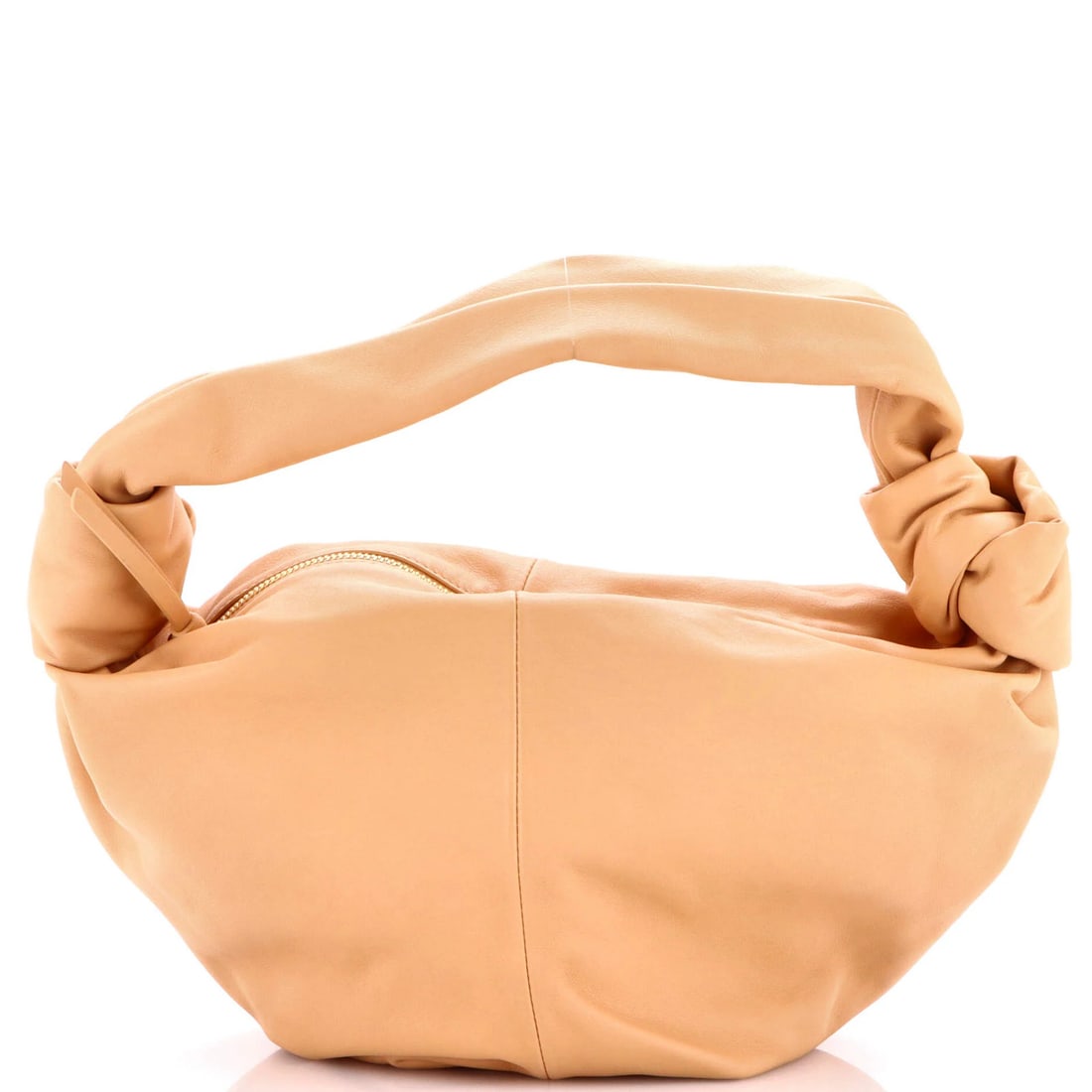 Double knot hobo leather mini bottega veneta: Double knot hobo leather mini bottega veneta Double knot hobo leather Bottega Veneta mini bag features neutral exterior and interior colors, with gold hardware. The bag's exterior shows signs of wear,
