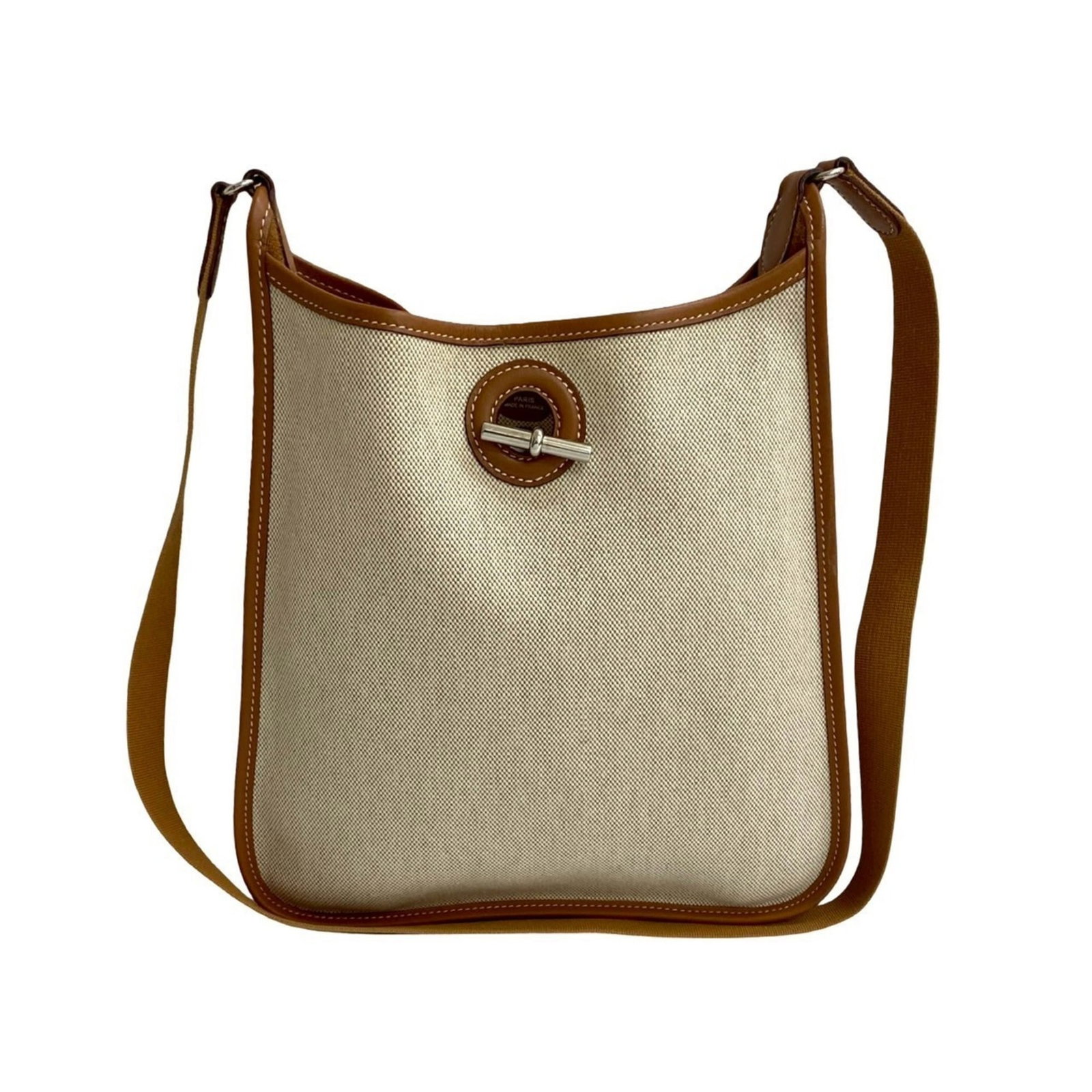 Hermes Shoulder Bag Toile H Buffalo Leather: Hermes Shoulder Bag Toile H Buffalo Leather Toile H Buffalo Leather shoulder bag from Hermes, crafted with high-quality Toile H buffalo leather in brown and white hues. Measuring 28cm x 29cm x 8cm, th