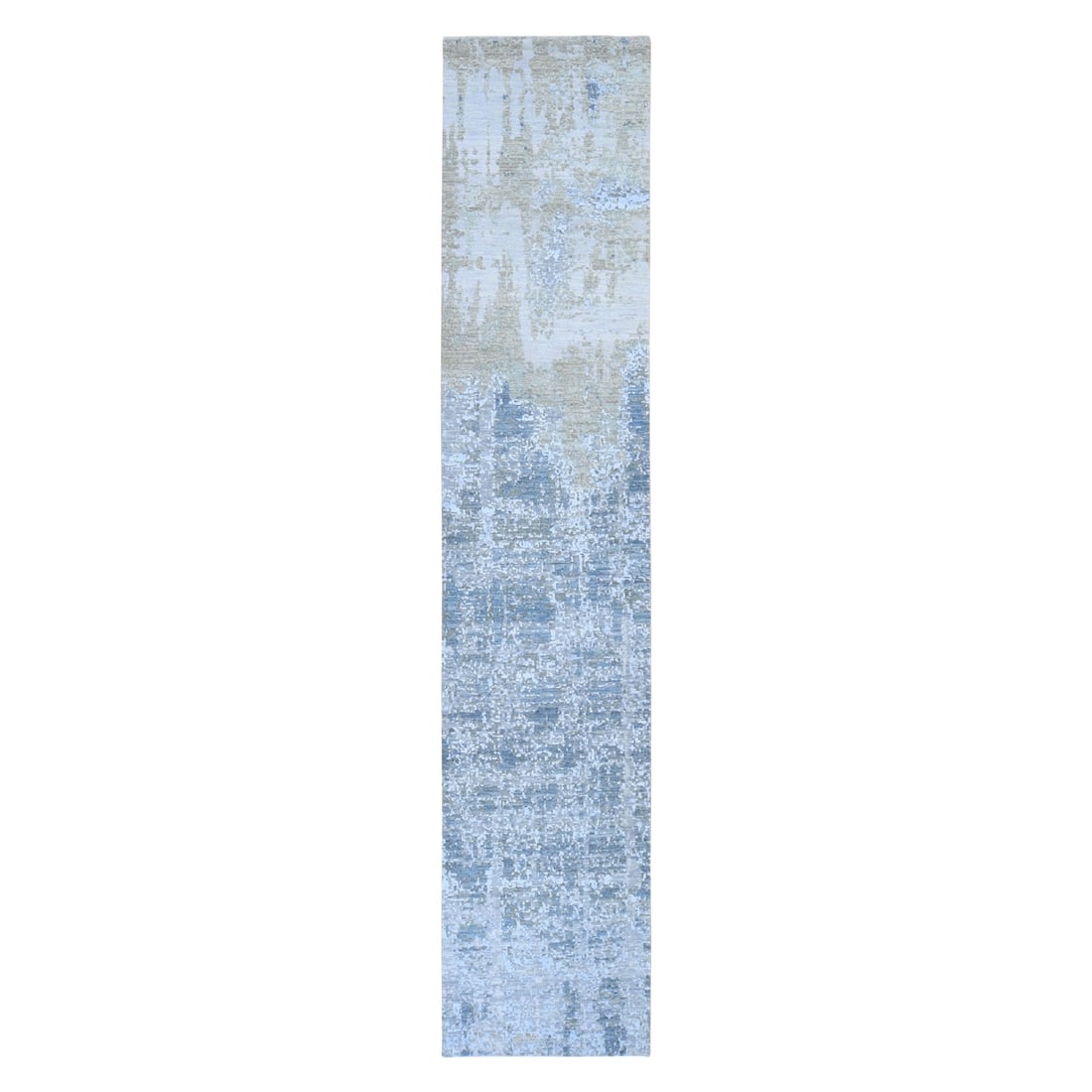 2'6"x12'4" Abstract Design Denser Weave Wool And Silk Runner Oriental Rug: 2'6"x12'4" Abstract Design Denser Weave Wool And Silk Runner Oriental Rug Grey abstract design, hand-knotted wool and silk runner rug measures 2'6" x 12'4". The dense weave and oriental pattern create