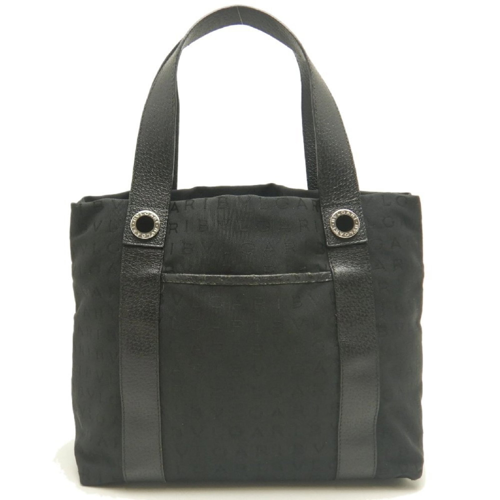Canvas Bvlgari Bag Tote: Canvas Bvlgari Bag Tote Canvas Bvlgari Bag Tote in Black with Silver Hardware. This sleek and sophisticated tote features canvas material, open closure, and a classic logomania design from the iconic 