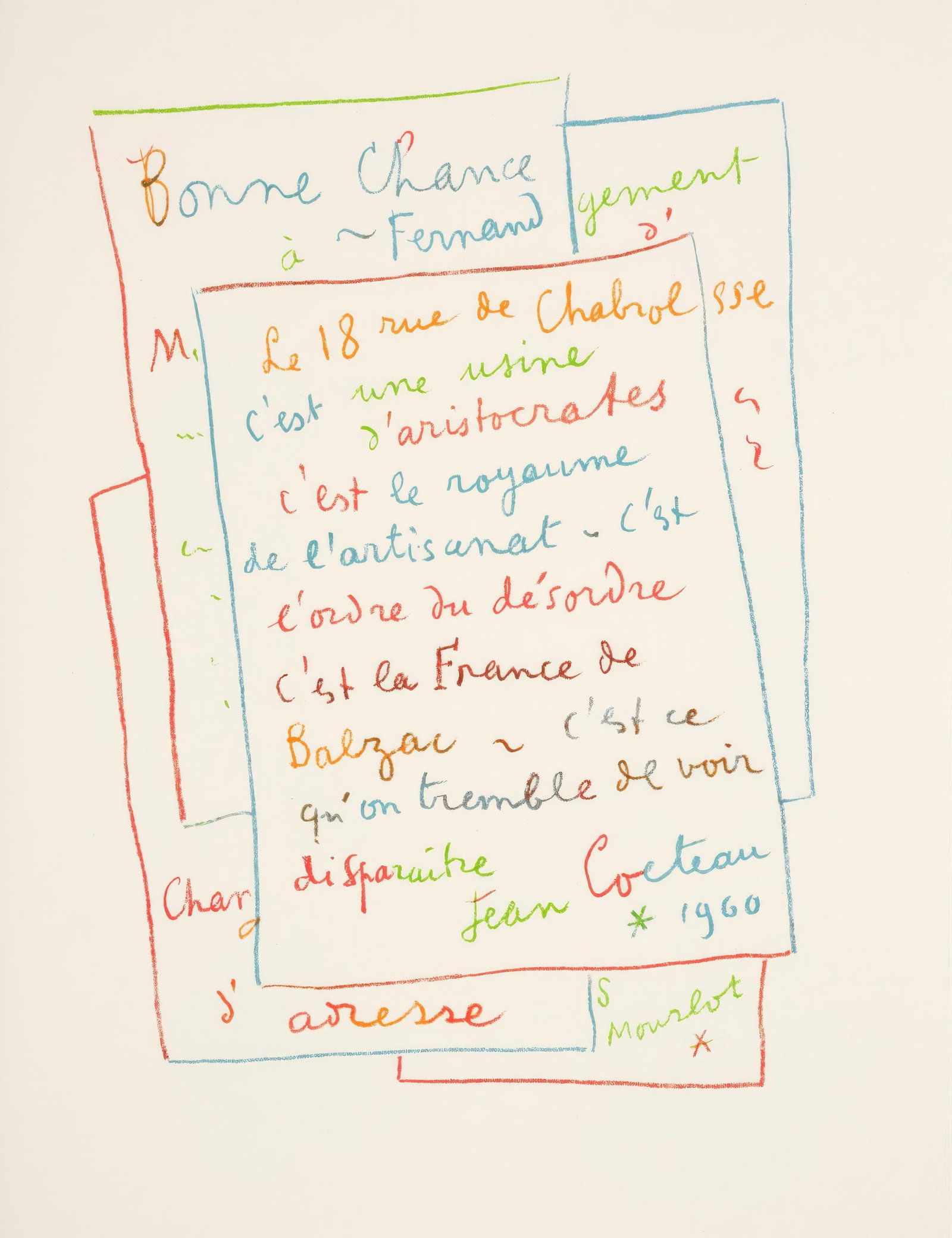 Jean Cocteau, Manuscript, from Memories and Portraits of Artists, Lithograph, 1972: Jean Cocteau, Manuscript, from Memories and Portraits of Artists, Lithograph, 1972 Item Specifics: This exquisite lithograph after Jean Cocteau (18891963), titled Manuscrit (Manuscript), originates fr