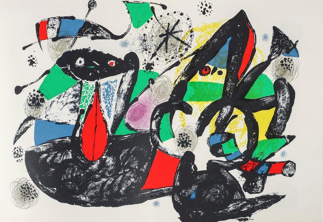 Composition by Joan Mir XXe sicle Lithograph: Composition by Joan Mir XXe sicle Lithograph Item Specifics: Paper Size: 12.5 x 19.5 inches. Excellent condition, with centerfold, as issued. Inscription: Unsigned and unnumbered, as issued. Notes: Fr