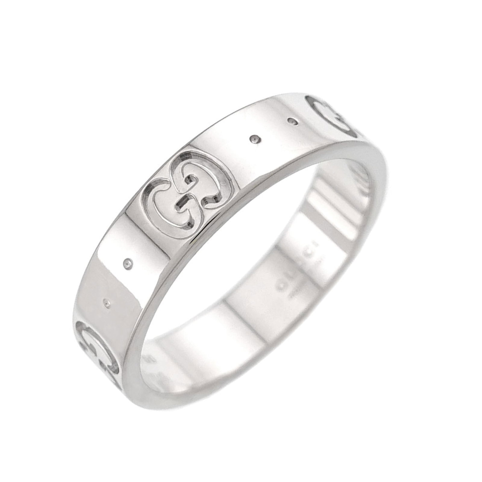 White Gold 18k Ring By Gucci: White Gold 18k Ring By Gucci White gold (18K) band ring from Gucci, available in US size 4. This elegant piece features high-quality white gold material and a classic design that suits women's style.