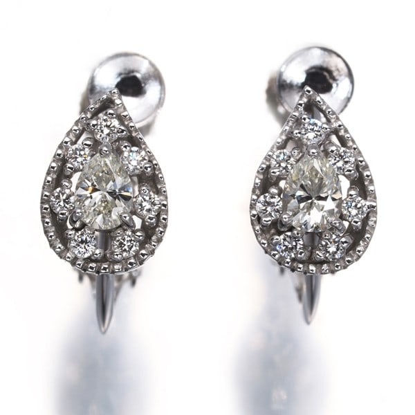 Diamond 0.24Ct/ 0.24Ct Teardrop Milgrain Earrings 18K Wg/ 14K Wg: Diamond 0.24Ct/ 0.24Ct Teardrop Milgrain Earrings 18K Wg/ 14K Wg 18k white gold teardrop diamond earrings with a natural 0.24ct centre stone and matching side stones, set in a clip-on design with milg