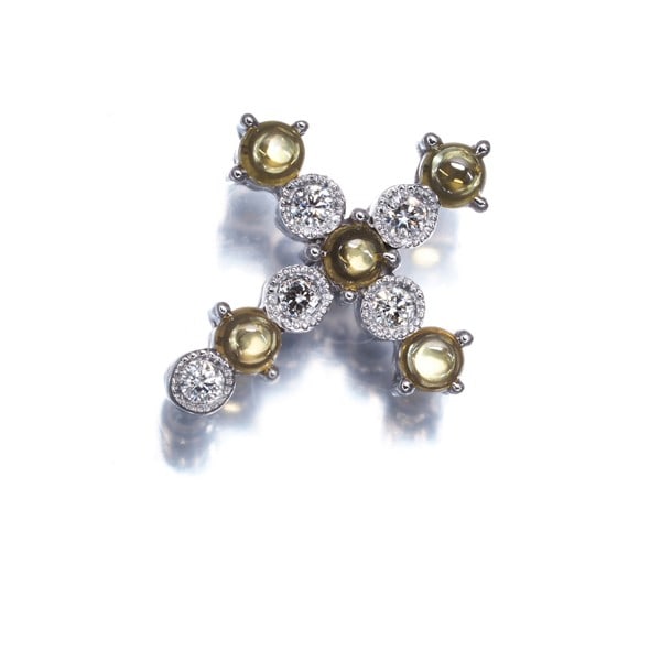 Cabochon Cross Pendant 0.25Ct Diamond Milgrain 18K Yellow Sapphire Wg: Cabochon Cross Pendant 0.25Ct Diamond Milgrain 18K Yellow Sapphire Wg 18k White Gold Cabochon Cross Pendant Features a 0.25ct Yellow Sapphire and Diamond Accents, Set in Milgrain Details. The