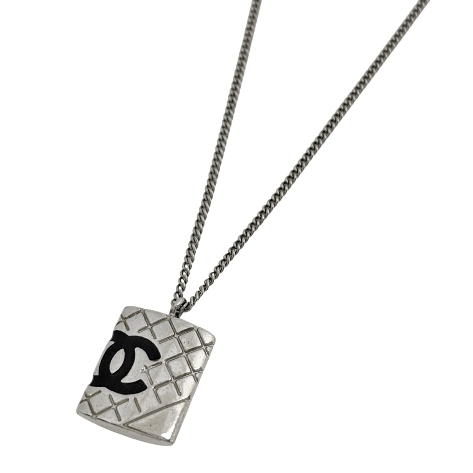 Chanel women's silver plated necklace line coco mark cambon: Chanel women's silver plated necklace line coco mark cambon Silver plated Chanel necklace line with distinctive coco mark and cambon details, featuring a silver pendant with dimensions 2.2mm x 1.5mm.