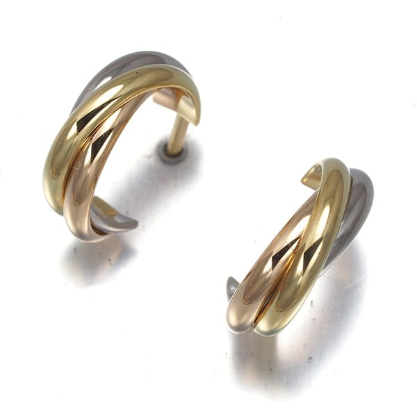 Cartier Earrings Trinity Hoop 18K 750 Yellow White Rose Gold: Cartier Earrings Trinity Hoop 18K 750 Yellow White Rose Gold Cartier's Trinity Hoop earrings showcase the luxury brand's signature multi-tone gold design, featuring 18k yellow, white, and rose gold.