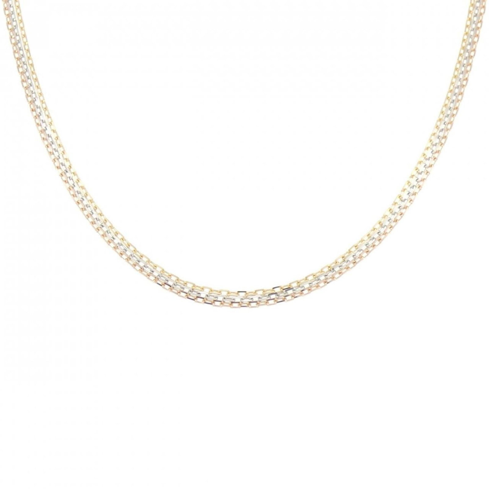 Cartier 750 Three-Color Necklace: Cartier 750 Three-Color Necklace Cartier's Three-Color Necklace showcases its signature three-tone design, featuring pink gold, white gold, and yellow gold in harmony. This elegant necklace boasts a v