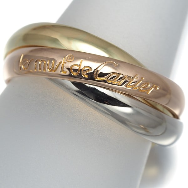 Yellow White Rose Gold Classic 3Color 18k 750 Cartier Eu54 Ring: Yellow White Rose Gold Classic 3Color 18k 750 Cartier Eu54 Ring Cartier's iconic Eu54 Trinity Ring boasts a striking three-tone design, expertly combining yellow gold, white gold, and rose gold in a
