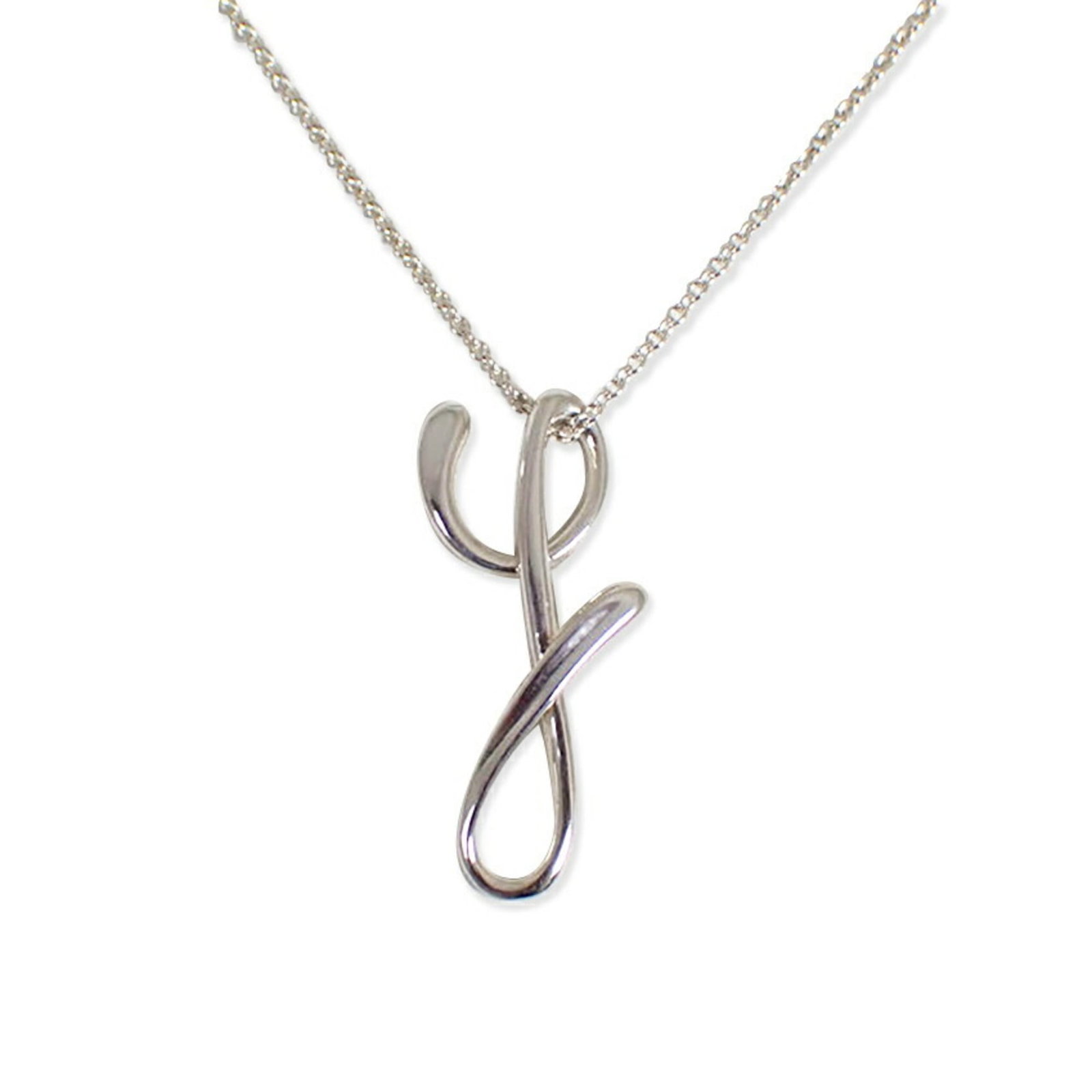 Tiffany 925 Initial Y Pendant Necklace J78-83: Tiffany 925 Initial Y Pendant Necklace J78-83 Tiffany's sterling silver 925 Initial Y Pendant Necklace boasts a sleek design with a pendant size of 26.2mm x 11.3mm, set against a comfortable neck