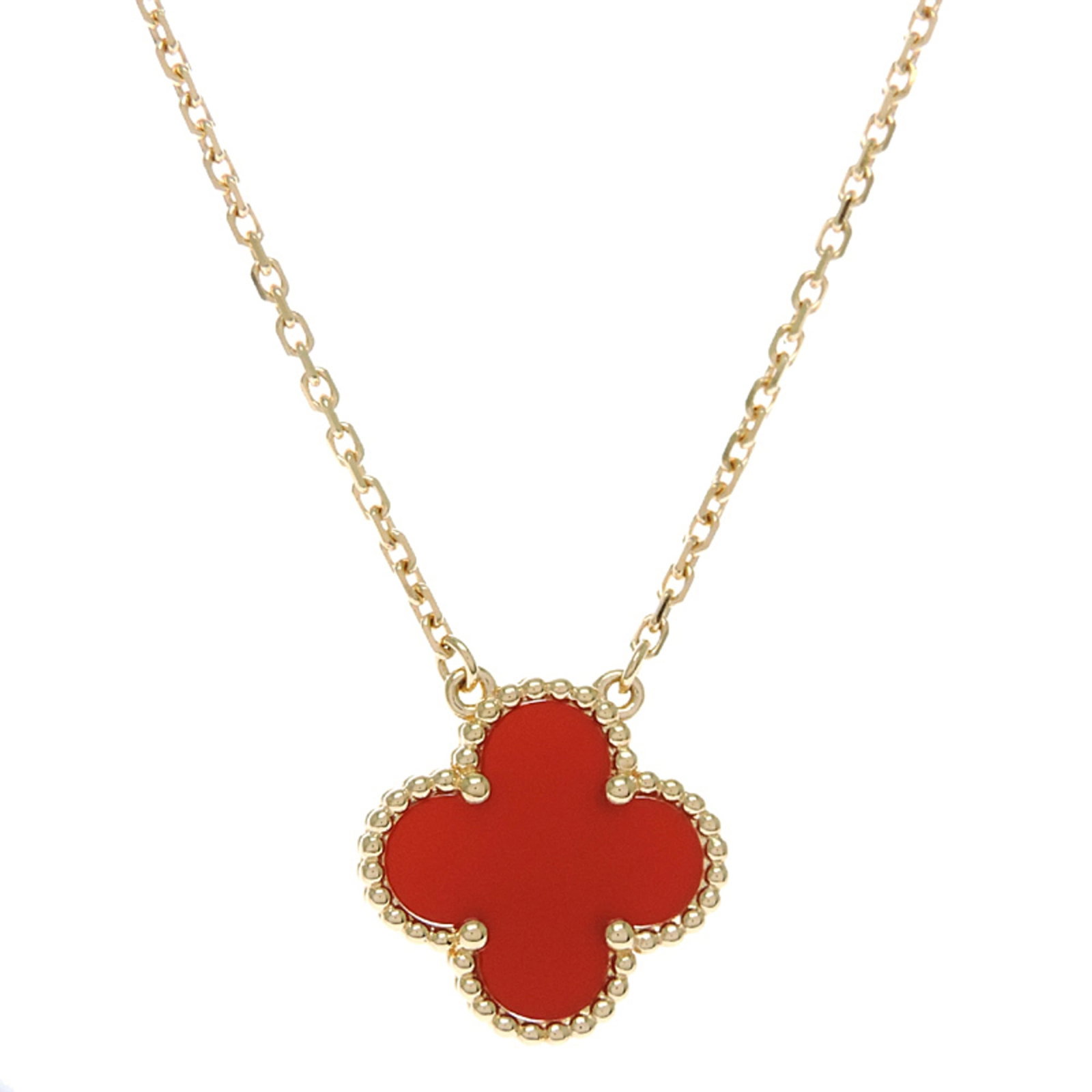 Carnelian Necklace Women'S Van Cleef & Arpels Yellow Gold 750 Alhambra Red Tone: Carnelian Necklace Women'S Van Cleef & Arpels Yellow Gold 750 Alhambra Red Tone Yellow gold Carnelian Necklace from Van Cleef & Arpels, featuring a striking red tone and a beautiful Alhambra design. T